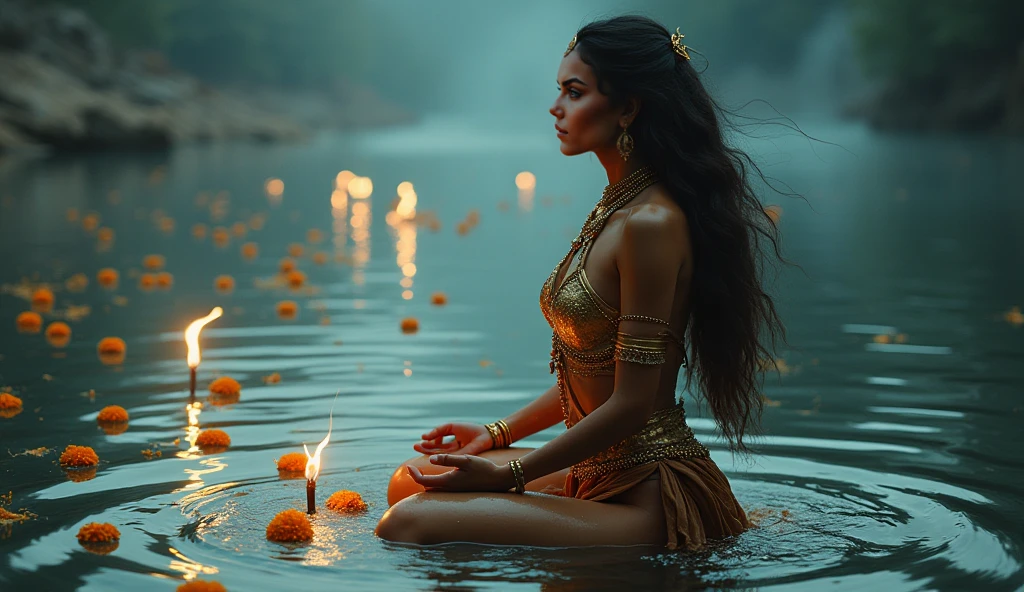 a woman sitting in the middle of a body of water with a fire in her hand, shiva, lord shiva, god shiva the destroyer, hinduism, hindu gods, devainart, by Max Dauthendey, shakti, beautiful depiction, goddess art, inspired by Kailash Chandra Meher, hindu art, hindu god, nirvana, vishnu
Dark