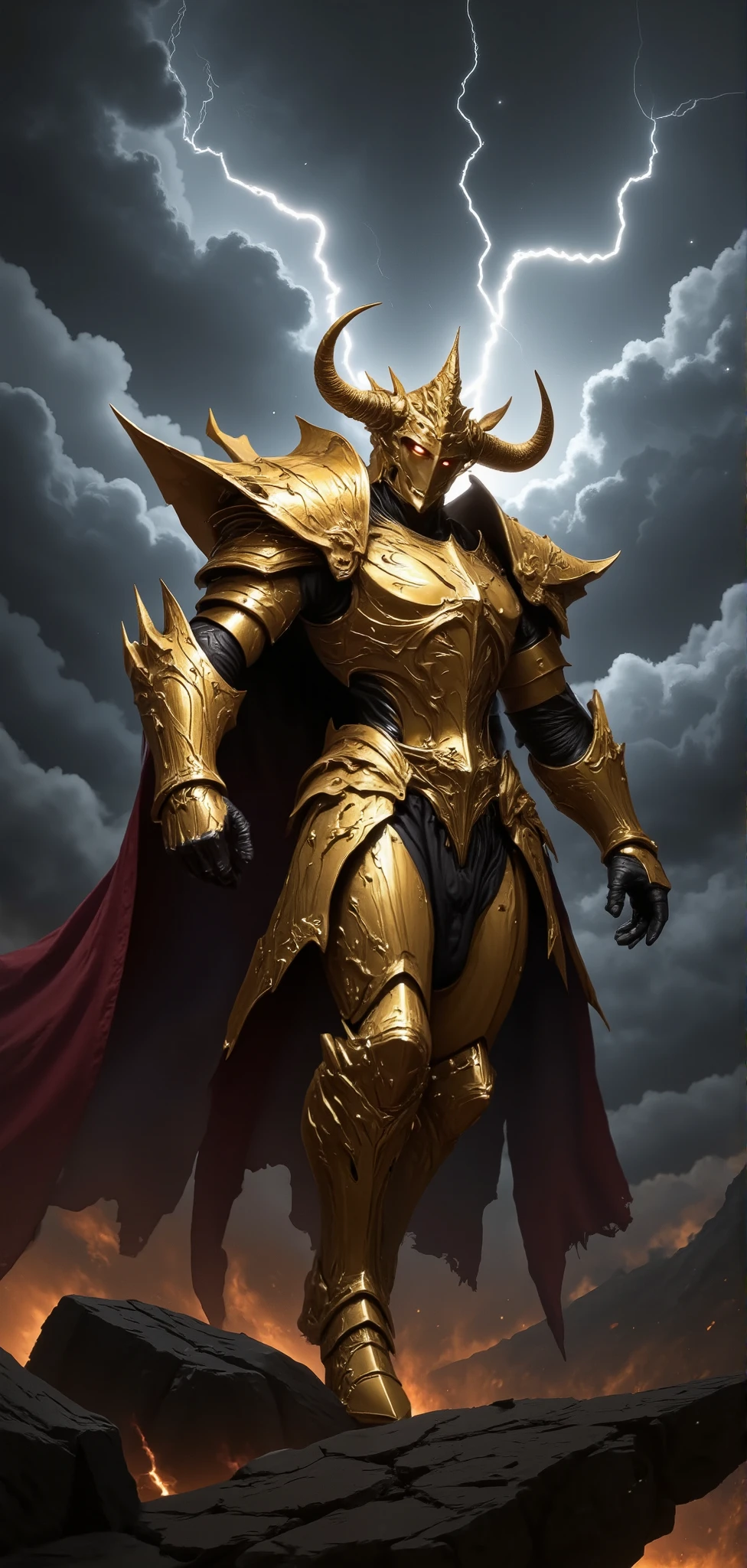 "A hyperrealistic image of the Taurus Gold Saint's armor. The armor is intricately detailed, with sharp edges and flowing lines. The armor is depicted in a dynamic pose, with the helmet slightly tilted. The background is a dark, stormy sky, with swirling clouds and flashes of lightning. The armor glows with a faint, golden light, symbolizing the power of the Great Horn. "