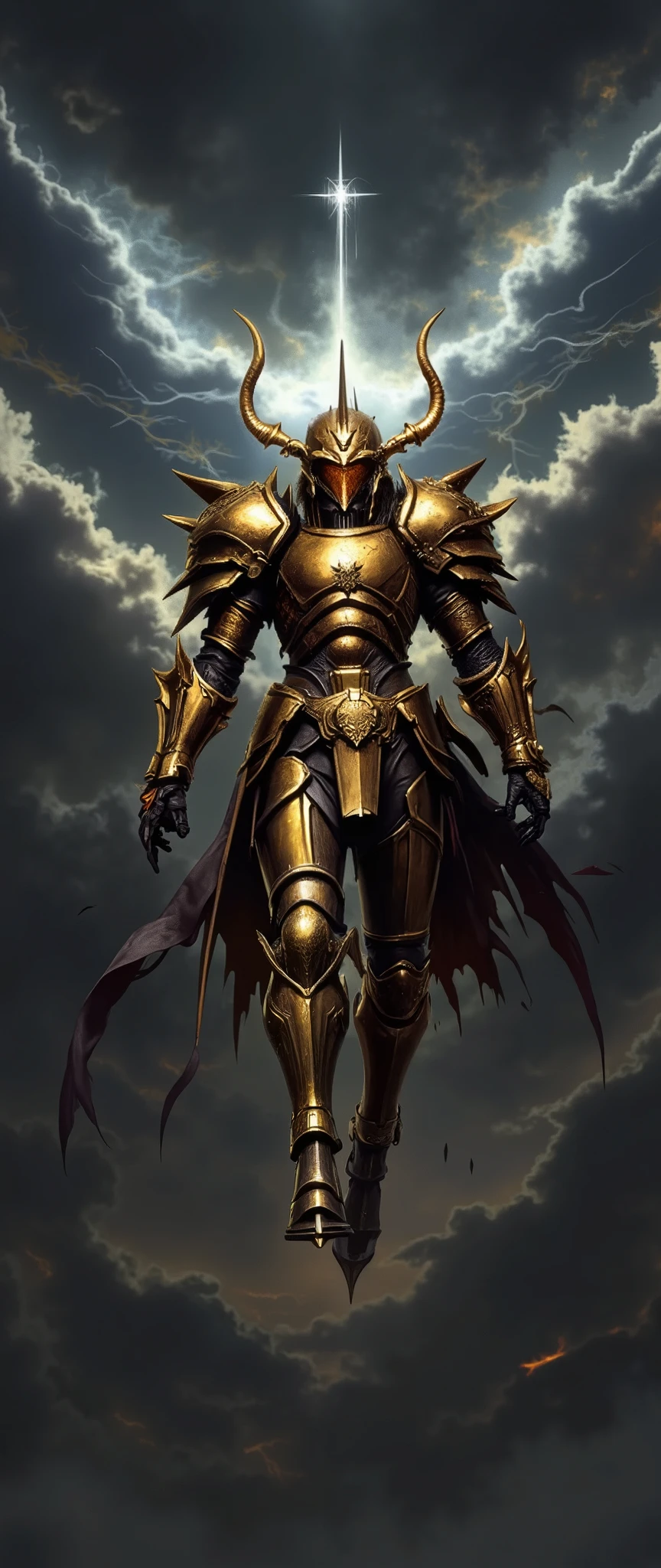 "A hyperrealistic image of the Taurus Gold Saint's armor. The armor is intricately detailed, with sharp edges and flowing lines. The armor is depicted in a dynamic pose, with the helmet slightly tilted. The background is a dark, stormy sky, with swirling clouds and flashes of lightning. The armor glows with a faint, golden light, symbolizing the power of the Great Horn. "