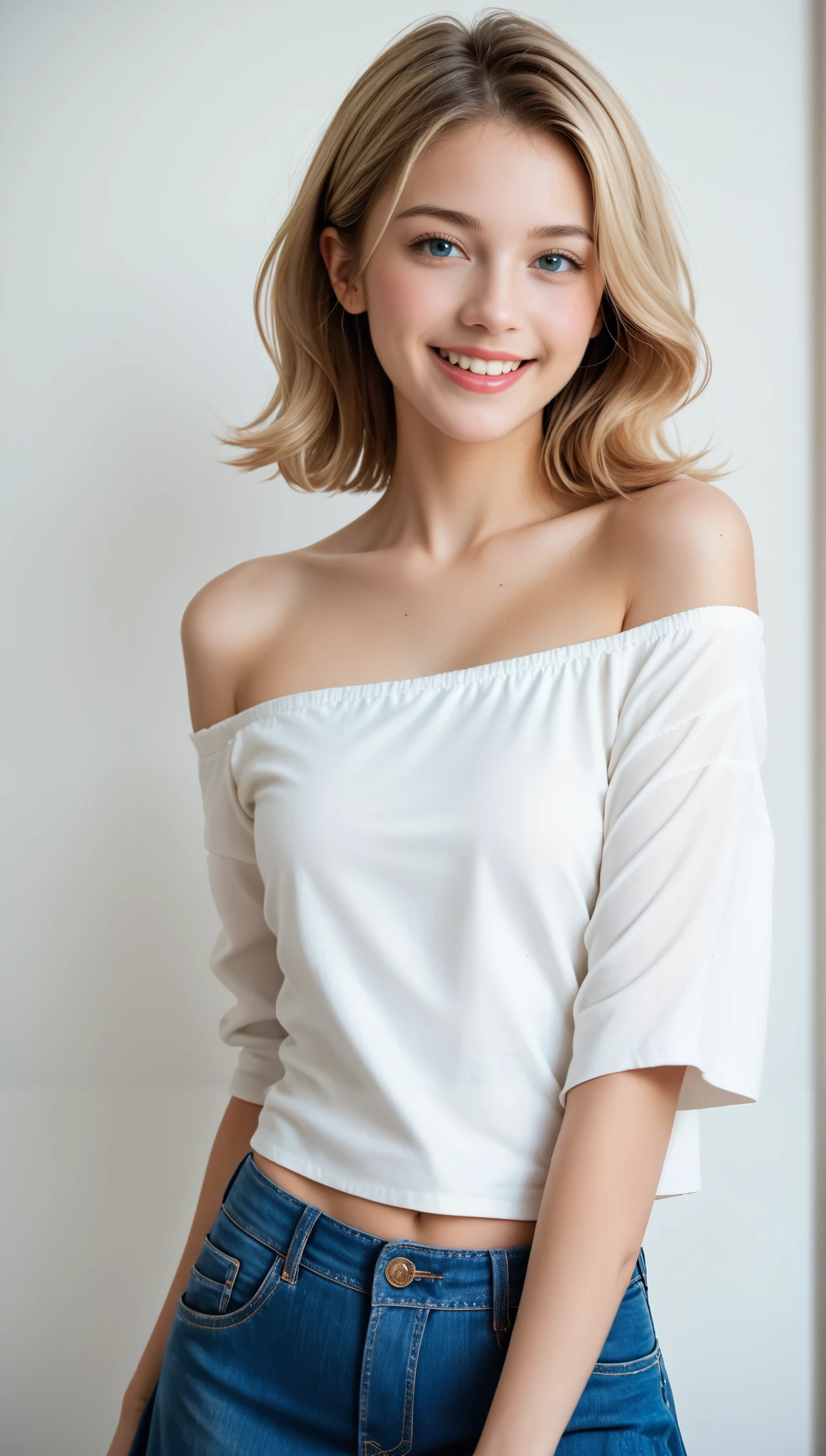 Best Quality, masterpiece, photorealistic looking happy, 1 girl, Alone, rs old, blonde hair, medium hair, Off Shoulder, denim mini skirt, staring closely at the viewer, intricate details, photorealism for composition, real, Delicate Face, natural light, Realistic colors, Off Shoulder top, denim skirt, medium hair length, like々New Appearance, high definition, complex facial features