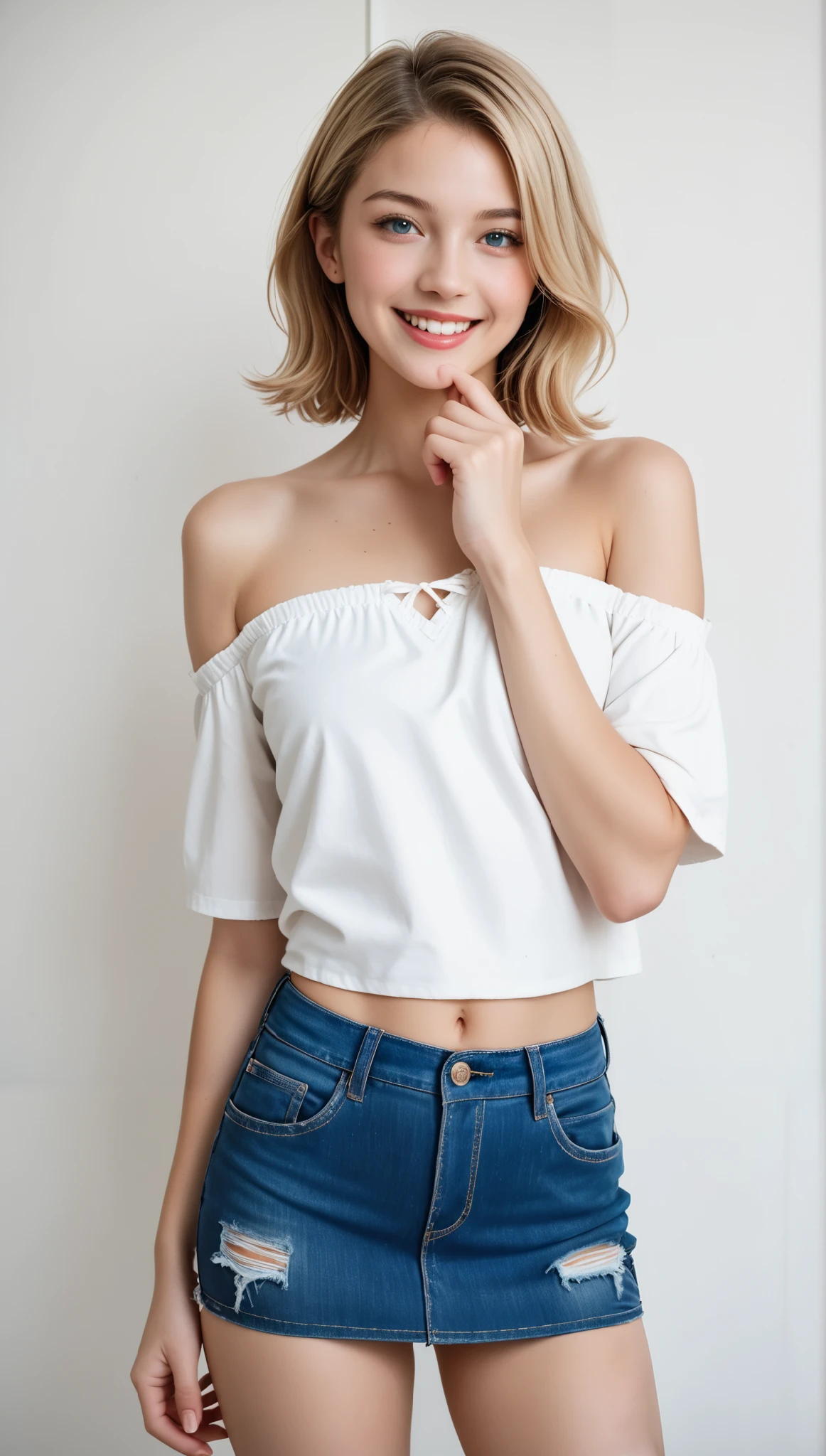 Best Quality, masterpiece, photorealistic looking happy, 1 girl, Alone, rs old, blonde hair, medium hair, Off Shoulder, denim mini skirt, staring closely at the viewer, intricate details, photorealism for composition, real, Delicate Face, natural light, Realistic colors, Off Shoulder top, denim skirt, medium hair length, like々New Appearance, high definition, complex facial features
