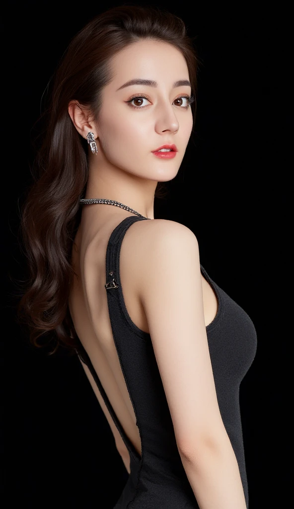 wearing black dress、rosy lips、Arav woman wearing a ring, She is wearing a black vest, Photo of slim girl model, Cute and elegant pose, Stunningly elegant pose, attractive woman, Tight black vest, Elegant sideways posture, 24 year old female model, black top, Elegant and smooth body, Elegant and seductive posture, 30 year old female