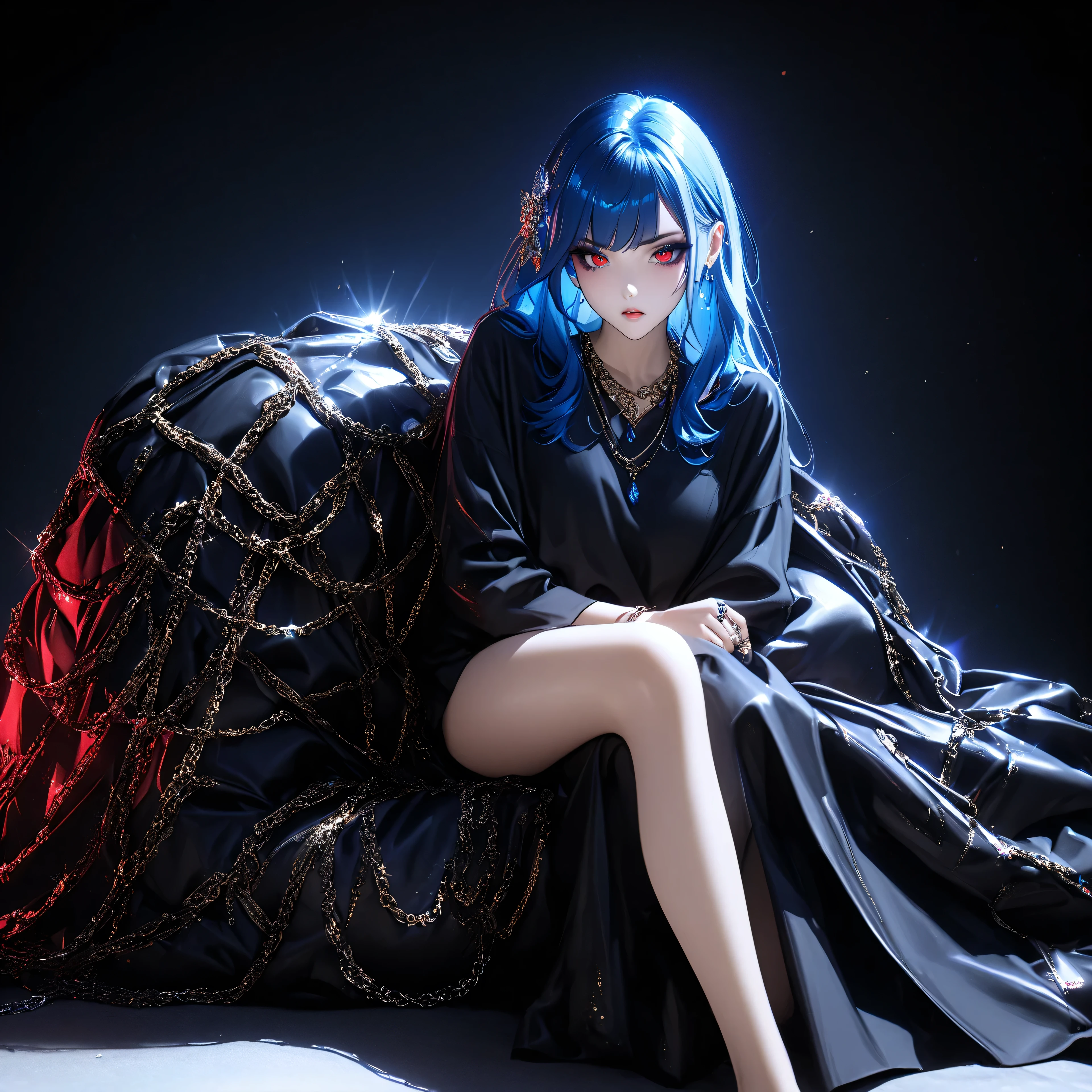 top quality、 ultra-precise depiction、 bright colors、beautiful woman 、aldult、fashion photo、Artistic、Oil Wind、One person、up、portrait、40 years old、 Tall、long legs、 accurate facial depiction、 Darkness、Spotlight、 Kasumi、girl sleeping on a metal bed、 triangular seat、black silk sheets、black drape shirt、Beautiful big 、Blue Hair、red eyes、Skin radiance、 Beautiful figure 、 random suspect、Details、 sharp eyes、stares、angry、 Tilt Your Head、hair ornament、heavy makeup、blue rouge、dark eyeliner、eyeshadow、Glitter on hair 、slender figure、metal chain、 Lots of Gems、jewel necklace 、ring、 bangle、