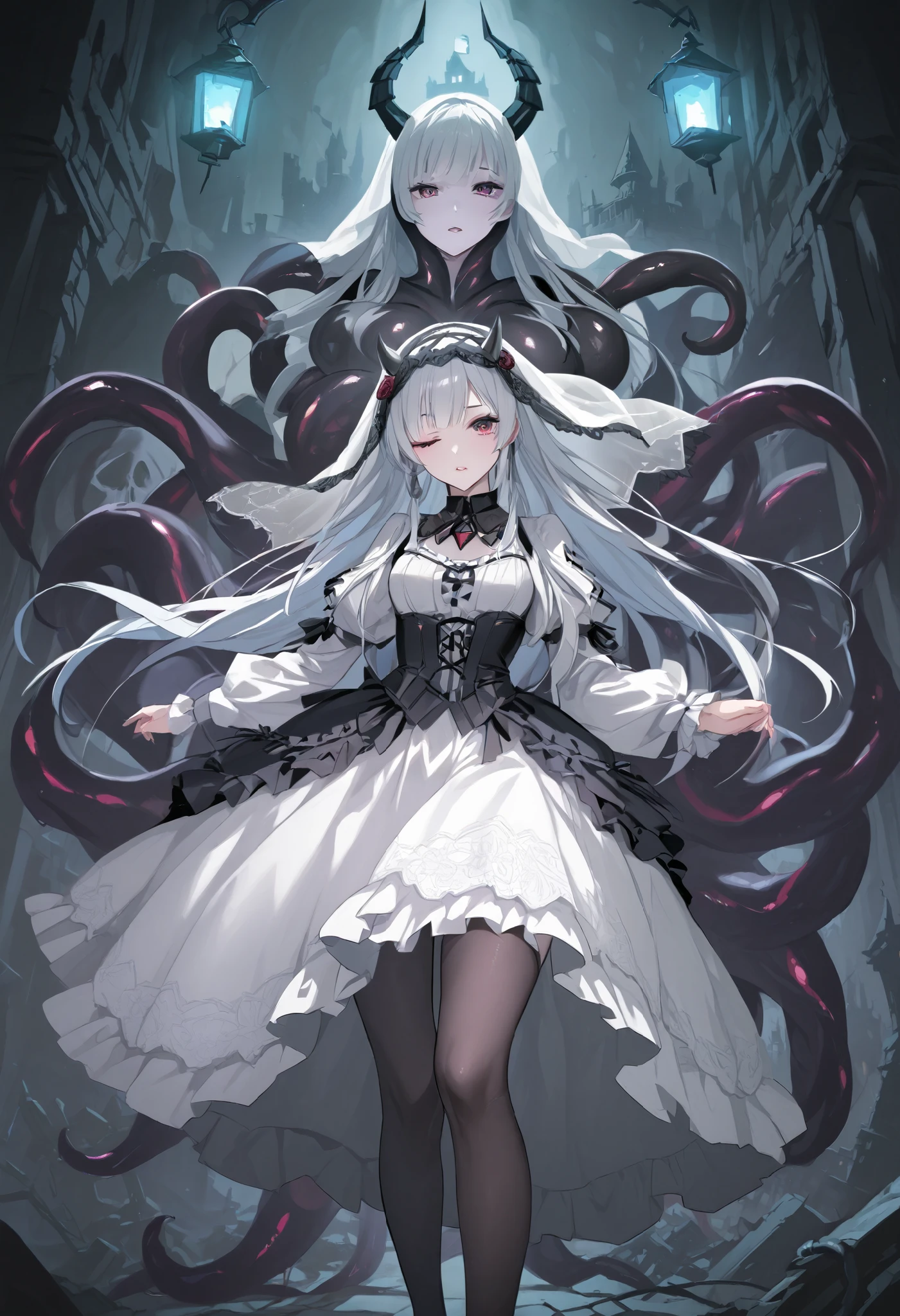 Two-headed woman. ((Twin heads)) ((One eye)) Silver hair. Long hair. Gothic dress. Black and white dress. Horns on her head. Mono-eye. Veil. Tentacles from behind. Tentacles with mouths. Lantern. A broken castle. Ruins.