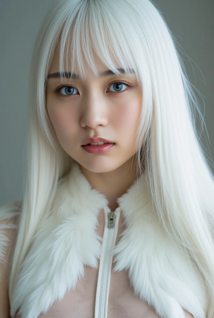 masterpiece, best quality,realistic, High definition, photography, depth of field,HDR, highres,(photoshop \(medium\):1.2) ,large breasts,
,upper body,(light smile:0.4),
1girl,long hair,bangs,(white hair:1.6),cat ears,jacket,short sleeves, (simple background, blue background, :1.4)