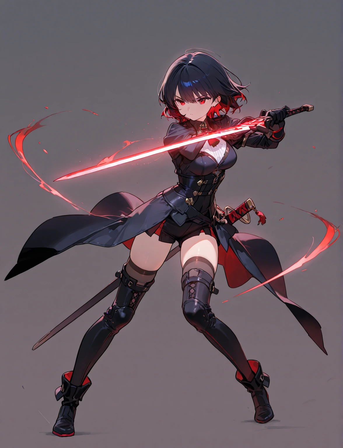 (full body:1.5), ((masterpiece, best quality)), (solo, dark-red short hair cute detailed eyes face:1.5, chest armor and elbow armor, dark-green skirt:1.2, black inner clothes, knee pads, fishnet stockings, short black-cloak), runeblader gripping a flame-wind magic-sword
