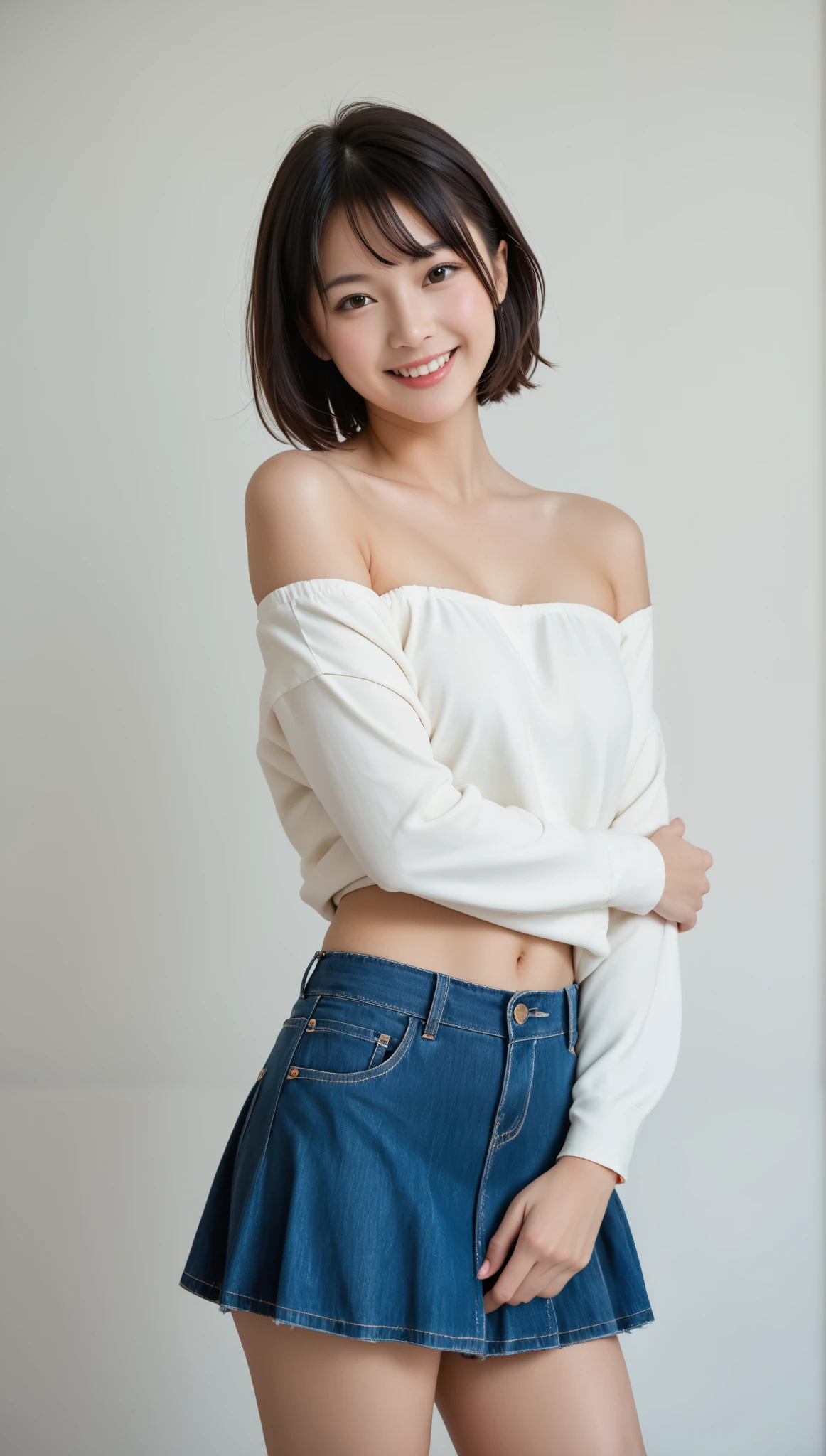 Best Quality, masterpiece, photorealistic looking happy, Japanese woman, Japanese girl, 1 girl, Alone, rs old, black hair, short bob, Off Shoulder, denim mini skirt, staring closely at the viewer, intricate details, photorealism for composition, real, Delicate Face, natural light, Realistic colors, Off Shoulder top, denim skirt, medium hair length, like々New Appearance, high definition, complex facial features