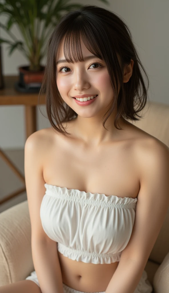 best quality, detailed, beautiful, insanely detailed, absurdres,perfect anatomy, Japanese woman,black hair,27 years old, (slender), (small breasts best quality), nsfw,bakery, smiling, bending over, looking down, flipped hair, Scene of choosing bread at a bakery ,red skirt, white tank top,(downblouse,nipslip:1.3), closeup shot, from above, dutch angle shot