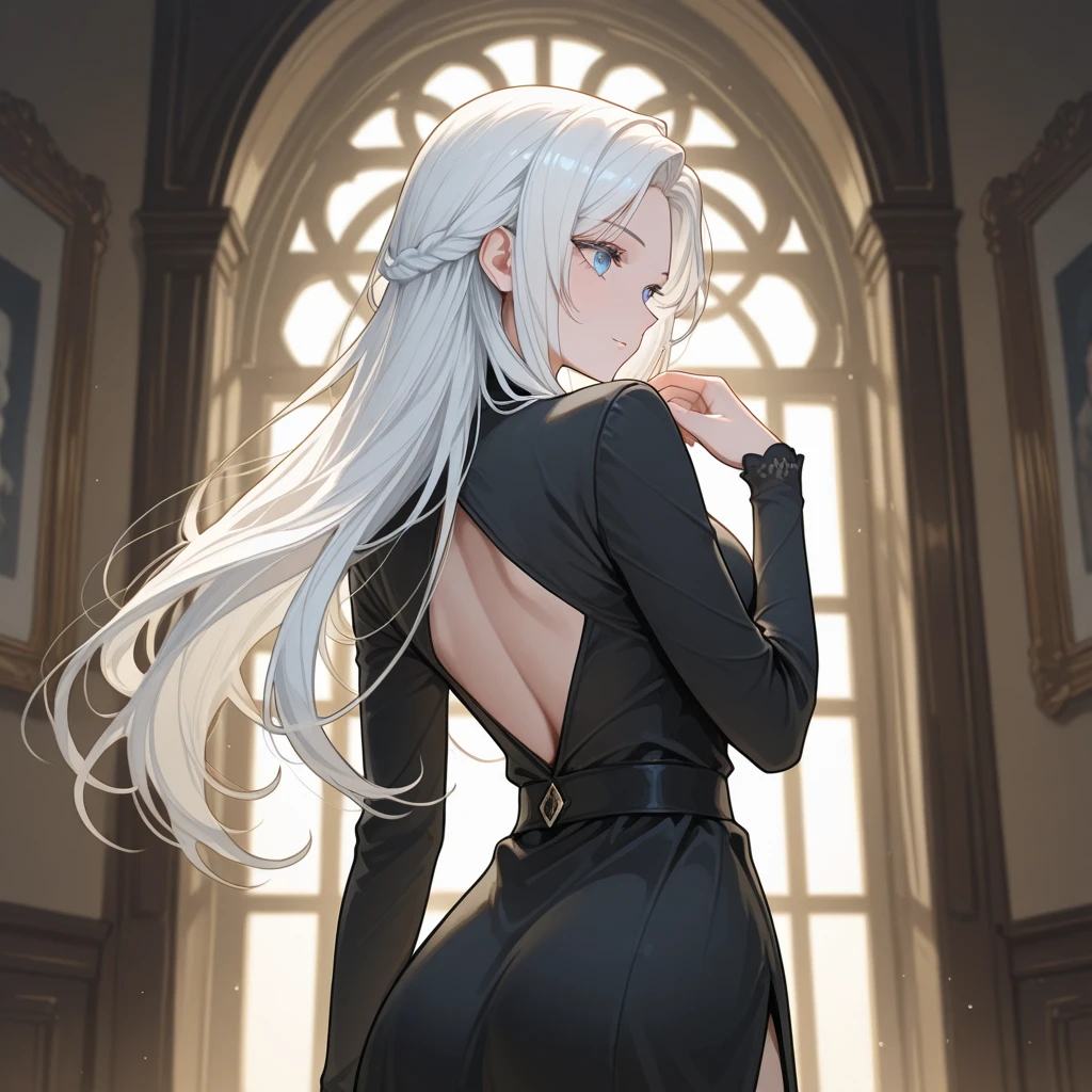 slender, mature female, 1girl, multiple_girls, long_hair, white_hair, blurry, close-up, bare_shoulders, blonde_hair, standing, closed_eyes, breasts, depth_of_field, grey_hair, from_side