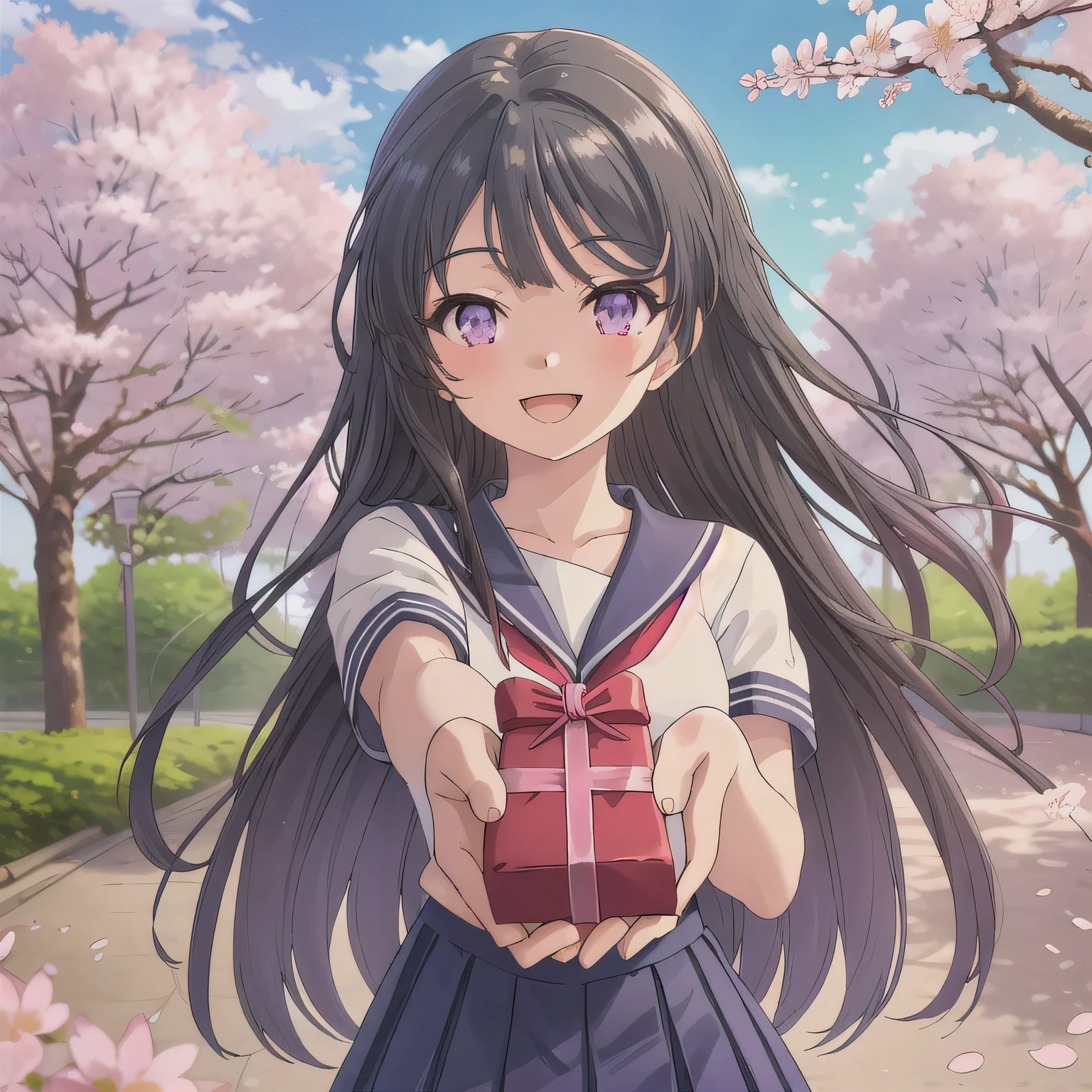 A breathtakingly beautiful 20-year-old woman stands in a lush park filled with cherry blossoms in full bloom beneath a clear blue sky. She wears a classic sailor uniform and gently holds a small, neatly wrapped gift box adorned with a red ribbon. Her radiant smile and joyful expression convey heartfelt happiness. dark hair, long hair, purple eyes.