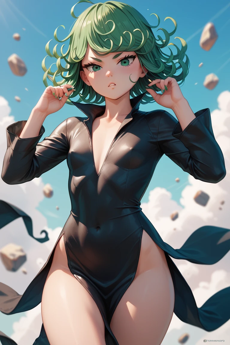 masterpiece, best quality, ultra-detailed, Potrait of beautiful TatsumakiOPM, solo, dress, black_dress, looking_at_viewer, breasts, long_sleeves, small_breasts, telekinesis, closed_mouth, covered_navel, smile, floating, no_panties, pelvic_curtain, cowboy_shot, arms_up, volumetric lighting, best quality, masterpiece, intricate details, tonemapping, sharp focus, hyper detailed, trending on Artstation, <lora:TatsumakiOPM:1.2>
