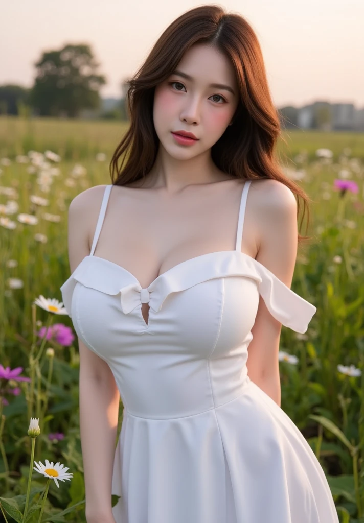 fantasy、Cute Dresses、long hair、Beautiful woman、Surrounded by roses、white dress、、Upper body、big breasts、Breast augmentation、thin eyebrows
