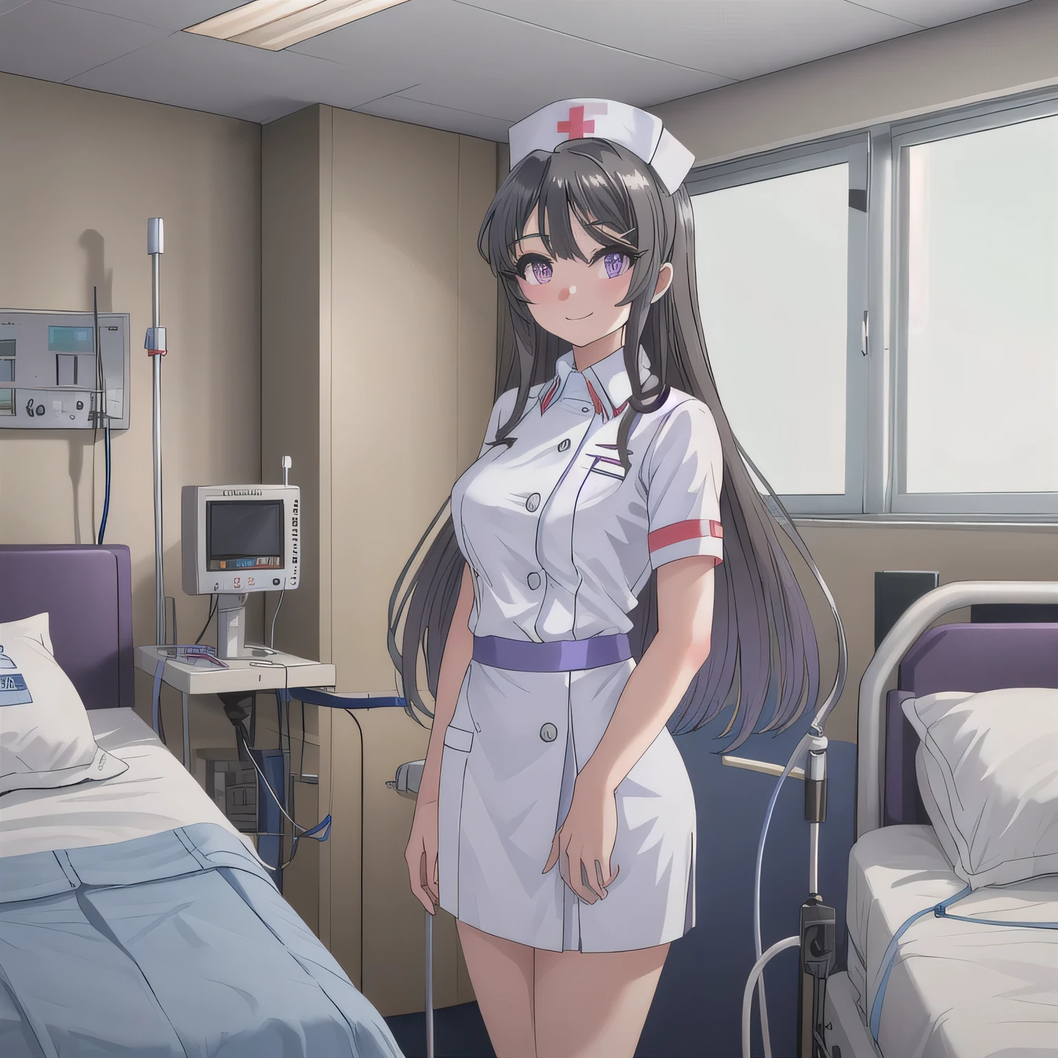 A breathtakingly beautiful 20-year-old woman stands in a warmly lit hospital room, dressed in a white mini-skirt nurse uniform with a matching cap. Her shy smile adds a touch of charm, while the surrounding medical equipment and furnishings create an authentic yet welcoming atmosphere. dark hair, long hair, purple eyes.