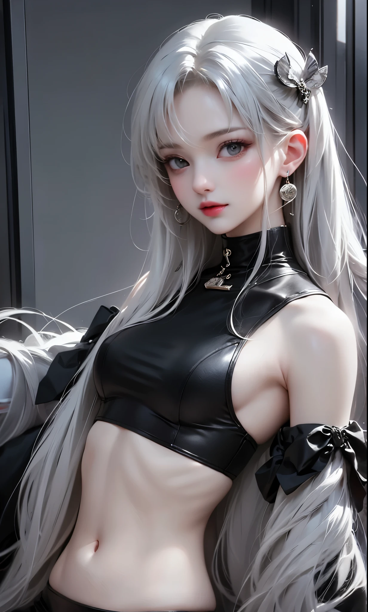 TWICE tzuyu, Korean beauty, silvery white hair, long hair, small face, fair skin, narrow eyes, slanted eyes, slender, big breasts, sex appeal, lustrous, mature