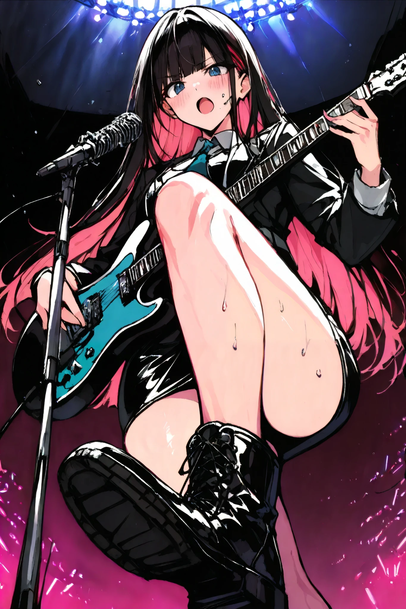 (masterpiece, detailed:1.2),, foot focus,very beautiful, Boots on amps. high definition, latest,heroine , 2024, band_( music),1 girls, concert, from below, high definition, latest, high definition, 8k, high-detail RAW color art,viewers, microphone_stand, guitar, holding guitar, break, long hair, black hair, Singing , break, PINK HAIR, blue eyes, break, heroine, One knee up.engraved,748cmstyle, Black leather skirt.xss,Soles of boots. .A blush. Sweat.XUER guangying