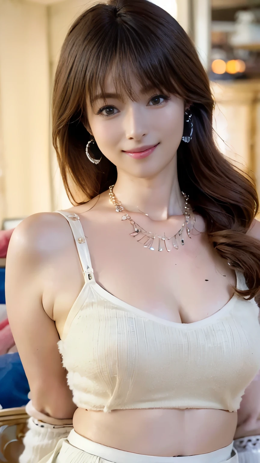 Beautifully detailed face、Pale skin、Realistic glowing skin、Detailed cloth texture、Detailed hair texture、Perfect body、Beautiful Face、correct、Anatomically correct、 Highly detailed face and skin texture、Natural neck length、(Beautiful Hands)、(Fair skin:1.2)、Thin legs、Thin legs、 BREAK Fine grain、Symmetrical eyes、Light brown eyes、double eyelid、Thin eyebrows、(Glossy Lips:1.4)、((A kind smile:1.2))、(blush:1.1)、 break (Elegant and pretty girl:1.3)、Medium-sized large breasts、(Slim figure:1.1)、Toned Abs、Beautiful clavicle、 (Dark Blonde、Wavy Hair、Long Hair:1.2)、 ((Asymmetrical bangs:1.2))、(Cowboy Shot:1.2)、Side view:0.65、((Full figured supermodel standing, Full body in frame:1.4))、((Standing Elegantly:1.6)),((Straight long hair_Hair reaching down to the waist:1.3))((Wearing a white shirt mini dress:1.4)、