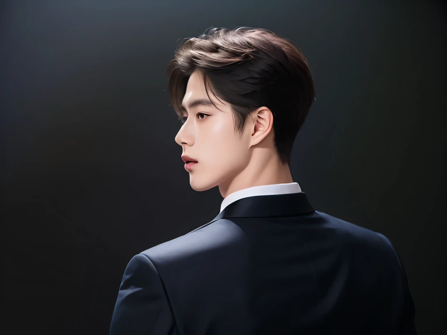 20 year old man, Very handsome , Turn away, walk away., of Korean series stars, White skin, handsome, classic side part hairstyle, Masterpiece Pose, best quality, a man, confident posture, Detailed image, clear, Shiny, Very handsome , half body model, Cold Tea Face Paint, ARROGANT GLITTER, Cross Earth Gesture, black background, Squint, Wear a black formal dress, Black Suit, Suit Without Stripes, Don't tie a tie, wearing a white student shirt inside, One Man, reflect, Strict face color, rear view.