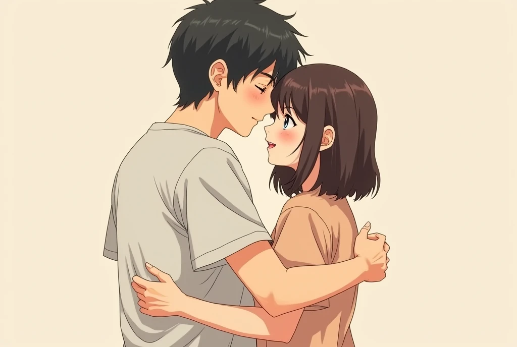 a couple, A boy with black hair, black eyes and glasses and the girl with shoulder-length black hair, with brown eyes , that they have their backs, Very realistic drawing style