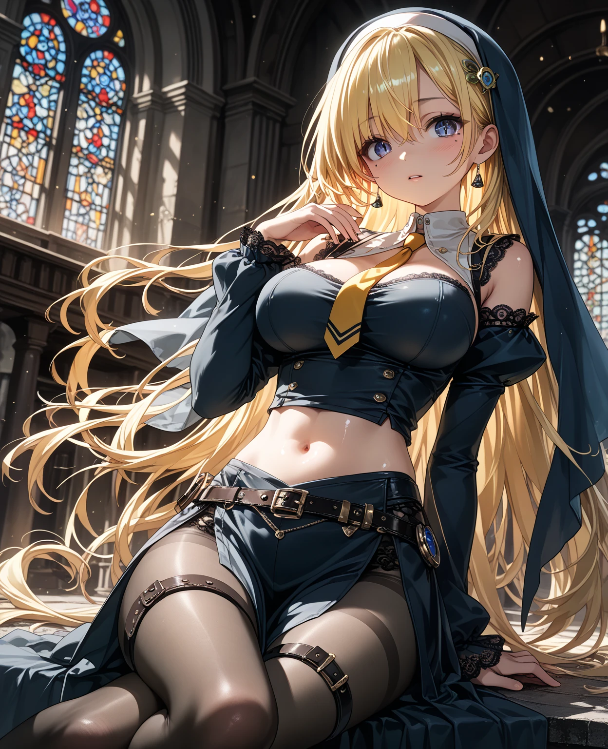 best qualityer,tmasterpiece,Ultimate resolution,downy,Extremely colorful,Colorful,western regions,Dancer,(Kneeling pose)blond hairbl,Bikini costumes,Exotic,huge tit,Crop topping,short skirt,Black socks,heeled sandals,veils,Normal posture