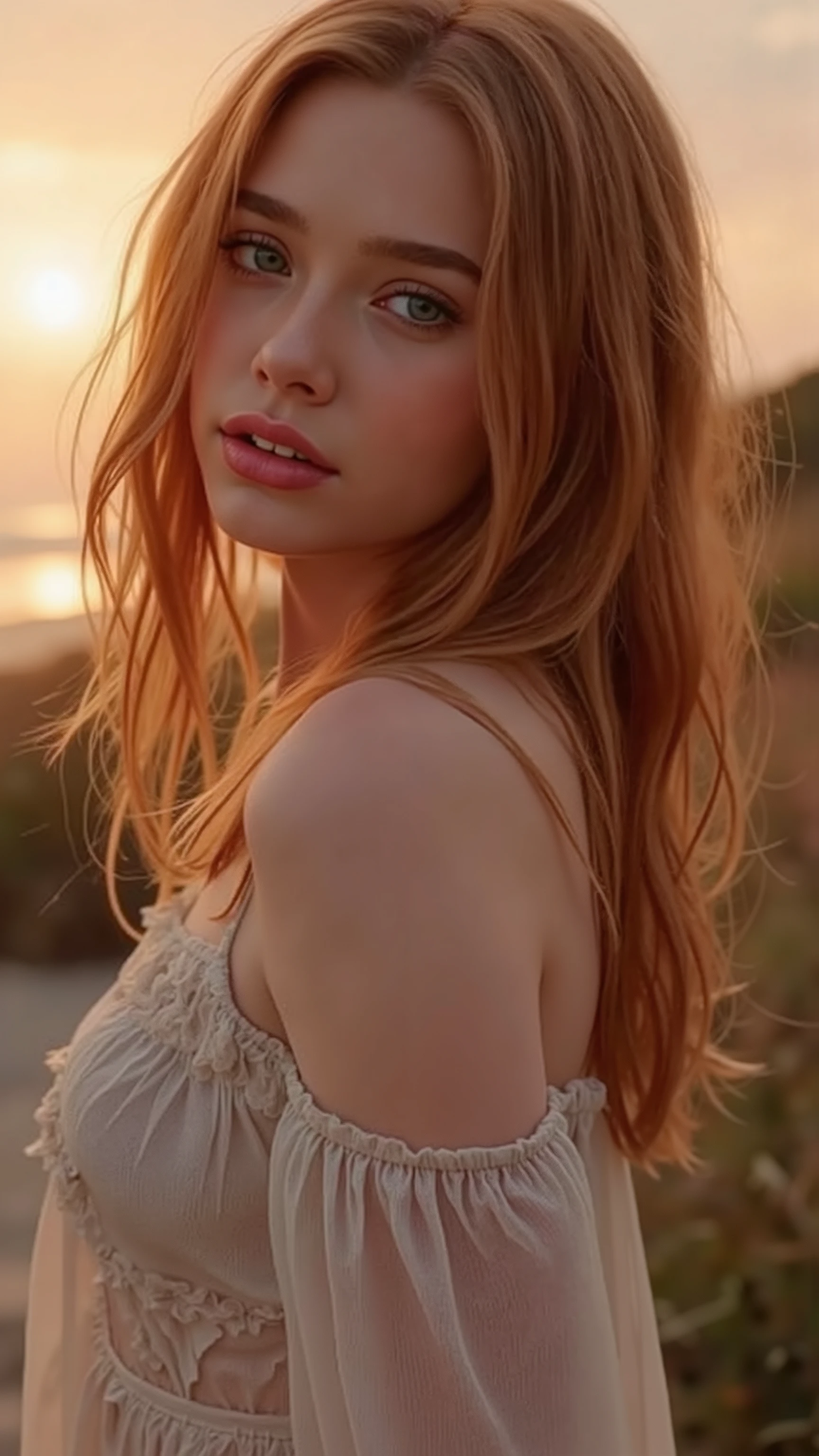 🌟 quality & silent: photo of the full head, Head til breast, masterpiece, 8k, ultra high resolution, hyperrealistic, very detailed, natural lighting, SLR lighting, SLR camera , Fujifilm XT3, film grain, Sharp concentration, perfect lighting. 🌌 Scene & background: different backgrounds: A romantic sunset on the beach, with warm, golden hues . A dark, mysterious forest with moonlight, that falls through the trees. A luxurious Bedroom with candlelight and silky curtains. Ein urbaner background mit Neonlichtern und regennassen Straßen. 😈 model & Styling: a young, wild girl with fiery red hair, different hairstyles such as flattop, quin tails, tri tails, pixie cut, expressive hair, single sidelock, hair pulled back, french braid, blunt bangs, ahoge, streaked hair, which in various Poses fall loose or styled are, and bright blue eyes . She is wearing a lightweight , torn dress made of natural materials, that underlines her free and independent nature. 🔥 Pose & Mood: Different sensual facial expressions: she looks directly at the camera , with a seductive smile and half-closed eyes. She bites her lower lip, with a playful and tempting look. She tilts her head slightly to the side, with a dreamy and sensual expression. She looks over her shoulder, with a mysterious and intense look. Die Mood ist sinnlich, seductive and full of emotions. 💋 Brief summary 💋 "a young, wild girl with fiery red hair and bright blue eyes in verschiedenen Porträtaufnahmen bis zur Brust. It shows sensual facial expressions against different backgrounds, from a romantic sunset on the beach to a dark, mysterious forest. Die Scene ist hyperrealistic, hochdetailliert und in 8k-quality, with a sensual and seductive expression Atmosphere."