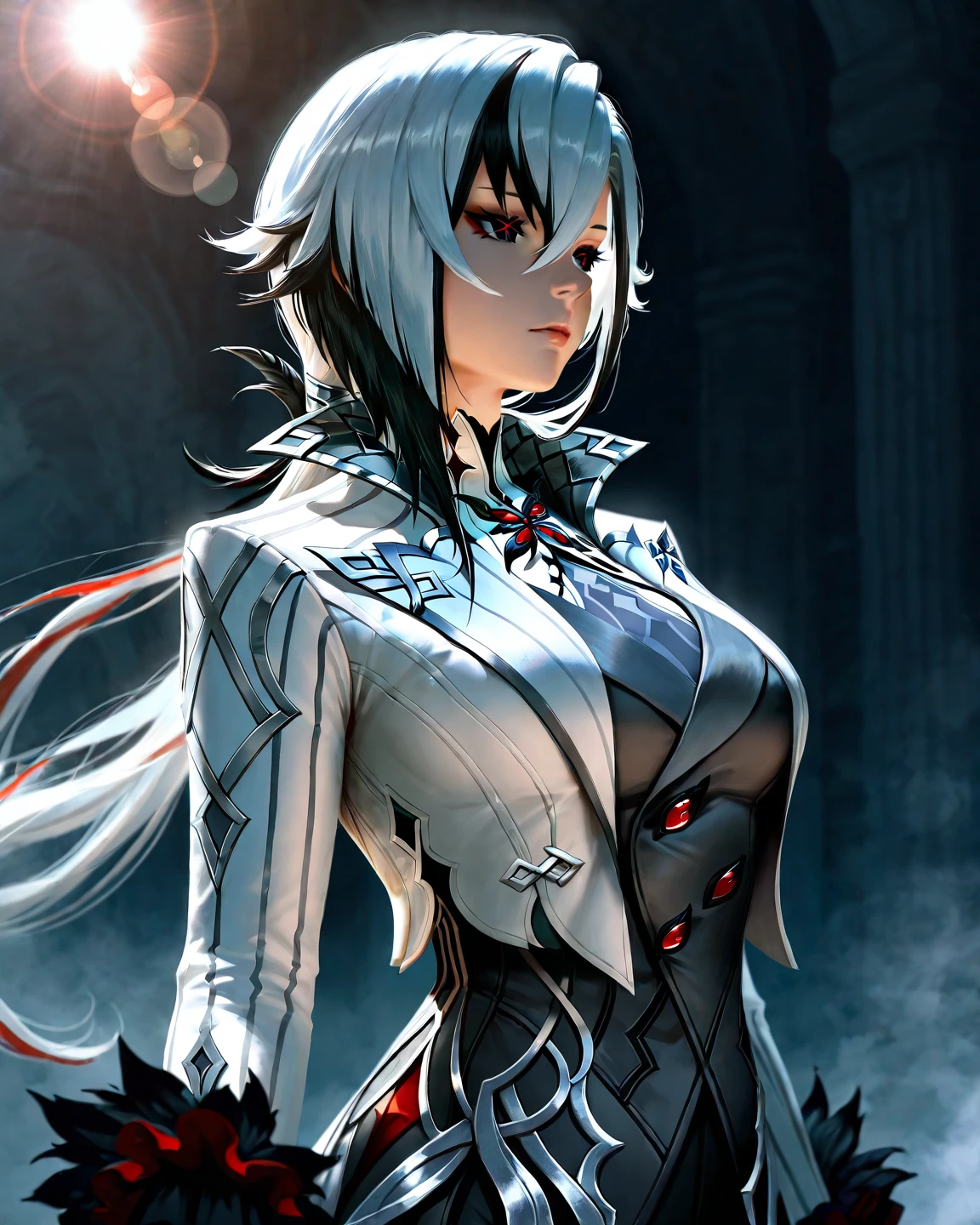 thick outlines, comics, photorealistic, perfect hands, masterpiece:1.2, cathedral, dark, ghotic, 1girl, solo, <lora:arle:0.8>, white hair, black hair, multicolored hair, x-shaped pupils, black eyes, arle_suit, small breast, detailed background, detailed face, detailed eyes, <lora:add_detail:0.8>