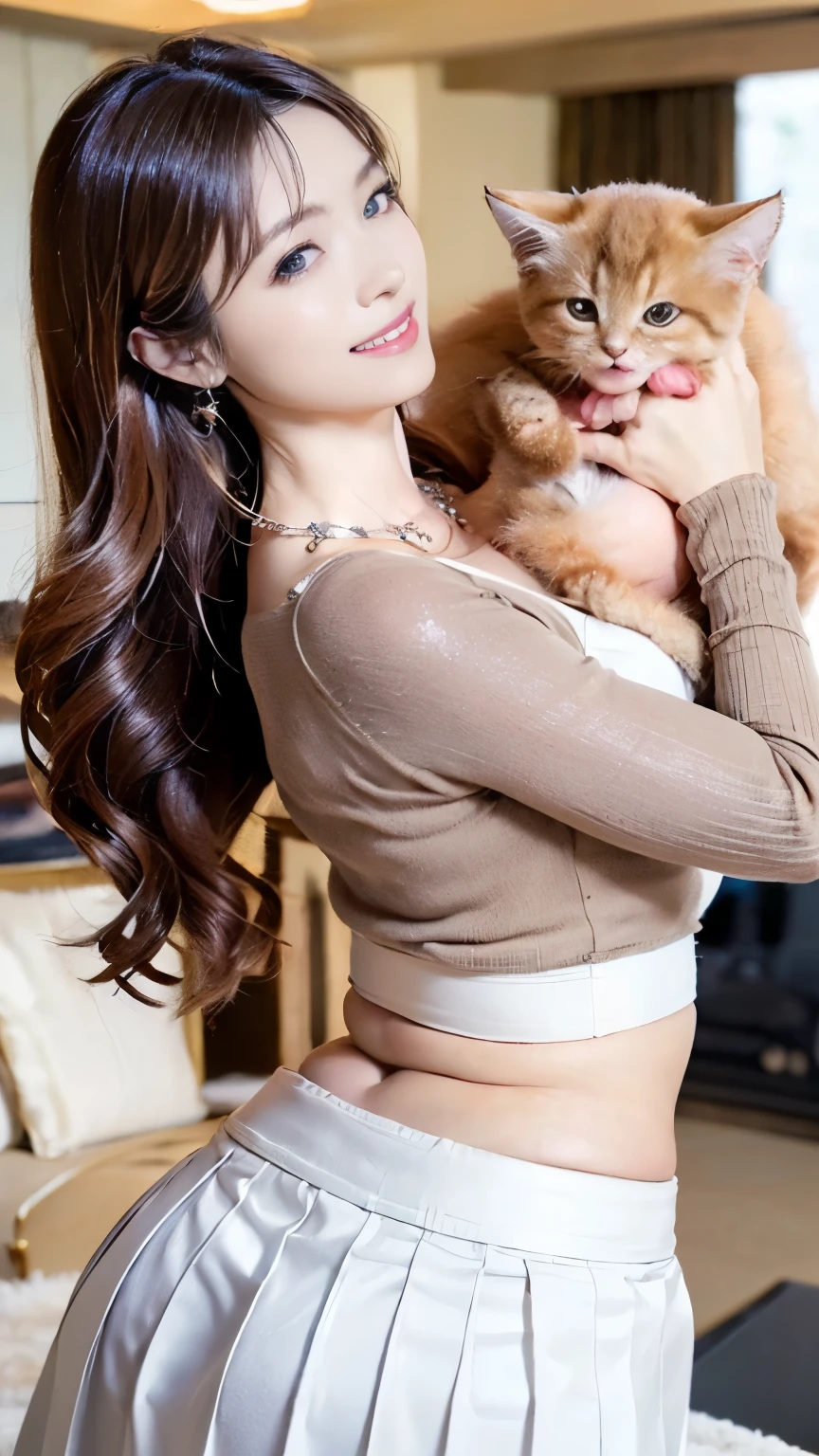 ((Highest quality, 8k)), ((masterpiece)), (Highest Resolution), Perfect Face, Squirrel Woman, Female announcer, Beautiful woman, public, 1 tail, she has thick thighs, She has a big squirrel tail., She wags her tail, smile, Fur collar, She wears a business suit, Beautiful hip line, On all fours