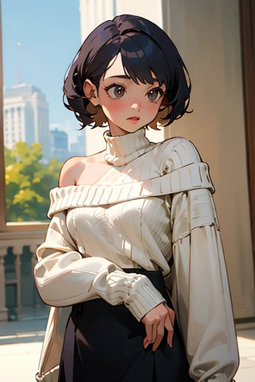 pretty girl、beautiful girl、Subjective camera、Black Hair、Earrings、Curved waist、Puff sleeve knit top、Street fashion、Dancer Fashion、Exposed clothing、Off the shoulder、Beautiful clavicle、Casual Look、Boyish pants、Cowboy Shot、Slender、slender、Big breasts、Six-pack、Small waist、Accentuated breasts、On a date