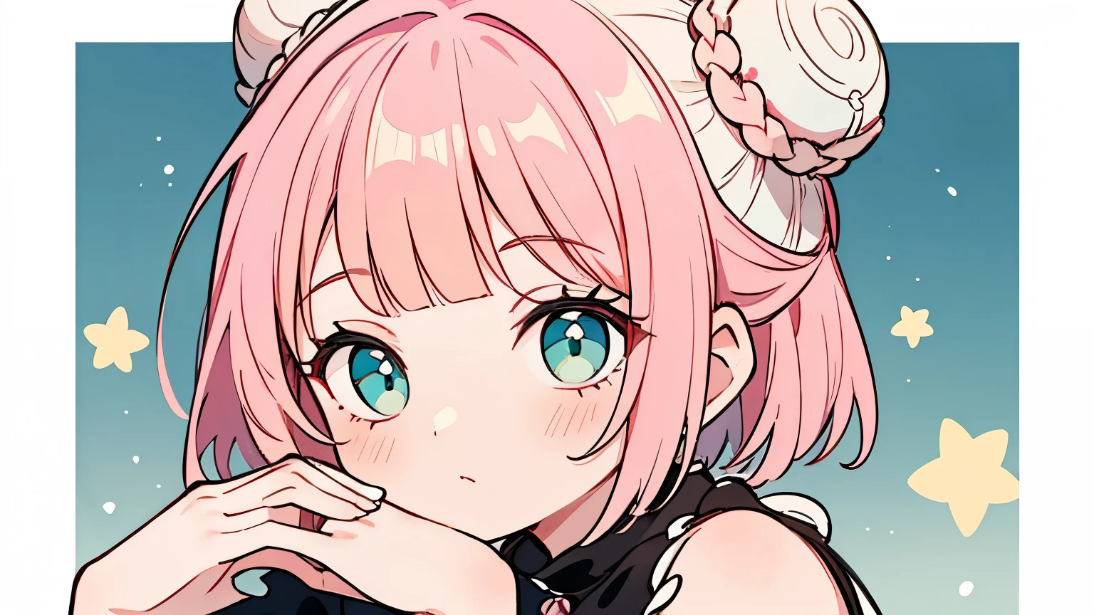 1 girl, top quality, masterpiece, pink hair, bob cut, ((2 buns on side of head)), light green eyes, delicate eyes, cute little, side part of head, ((one hand piece)), ((one piece with black and white mixed:1.2))), on 
[[[[ beautiful fingers ]]]]