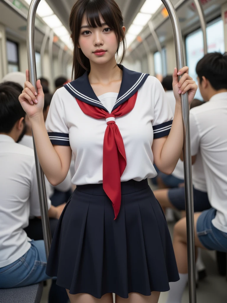 grasp、、((High school girl in a very short sailor suit with short sleeves))、((Realistic 12 year old little face girl with very low height))、、Square sailor collar with ribbon、(High twin tail with ribbon)、drooping bangs、Grabbing your butt on the bus、(((Dark blue pleated skirt with large flip)))、a beauty girl1a person、(buttocks are completely exposed)、(Full exposure of the hip joint)、posterior view、Turned、((Previous Japan man grabs schoolgirl buttocks))、(((High school girl being molested by Japan men on a crowded train)))、((Japan man grabs her bust from the front))、red blush、(sexual act、erotick)、((Skirt flipped up、Erotic pink piercing panties are visible))、high-level image quality、realisitic、(((agony、angry expressions)))、NSFW、