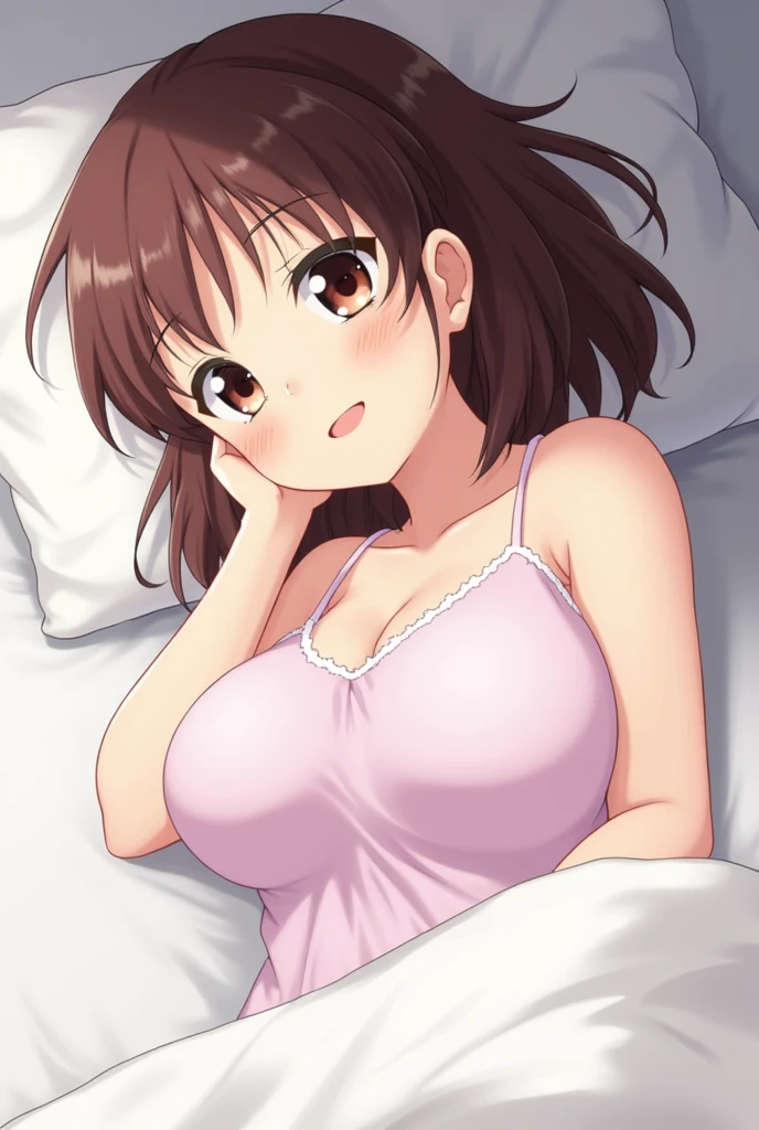 ​masterpiece, top-quality, hight resolution, 1girl in, brown haired, length hair, bangss, Brown-eyed, well balanced large breasts, White bra、White lace panties、A smile, open open mouth, Slouched, Hotel、on the beds、all-fours、facing front、Shyness