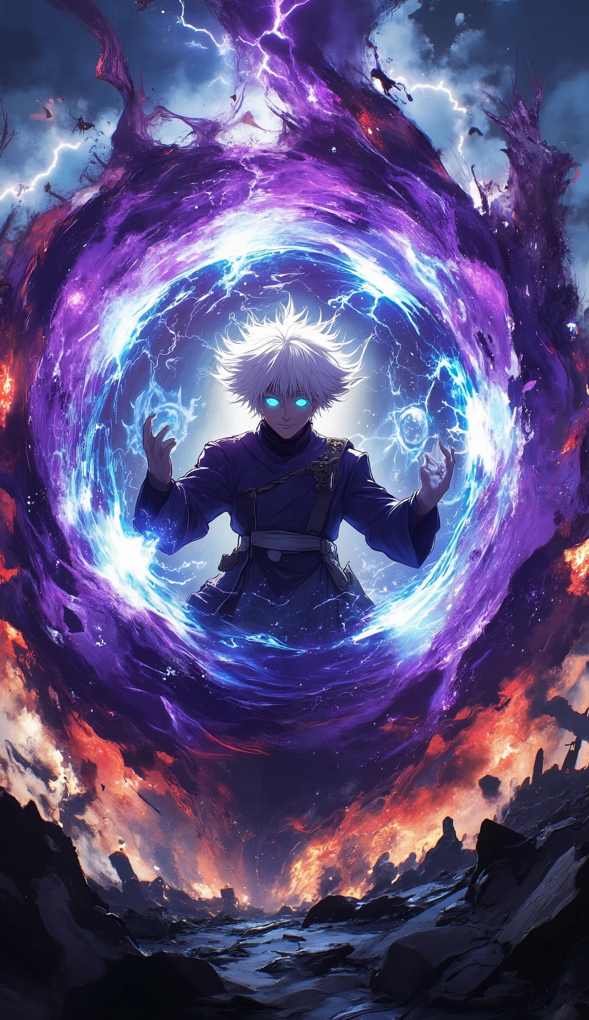 Create a dramatic, hyper-realistic image of Gojo Satoru using his Hollow Purple technique. His white hair flows wildly as immense cursed energy swirls around him in a vortex of blue and red, forming a massive, glowing purple sphere. His Infinity technique distorts the air around him, creating a visual mirage effect. His blindfold is pulled up, revealing his Six Eyes, which glow with an ethereal blue light. The background is a war-torn battlefield, with debris and energy waves radiating outward, showing the sheer power of his attack. Lightning crackles in the distance, emphasizing the overwhelming force of the strongest sorcerer.