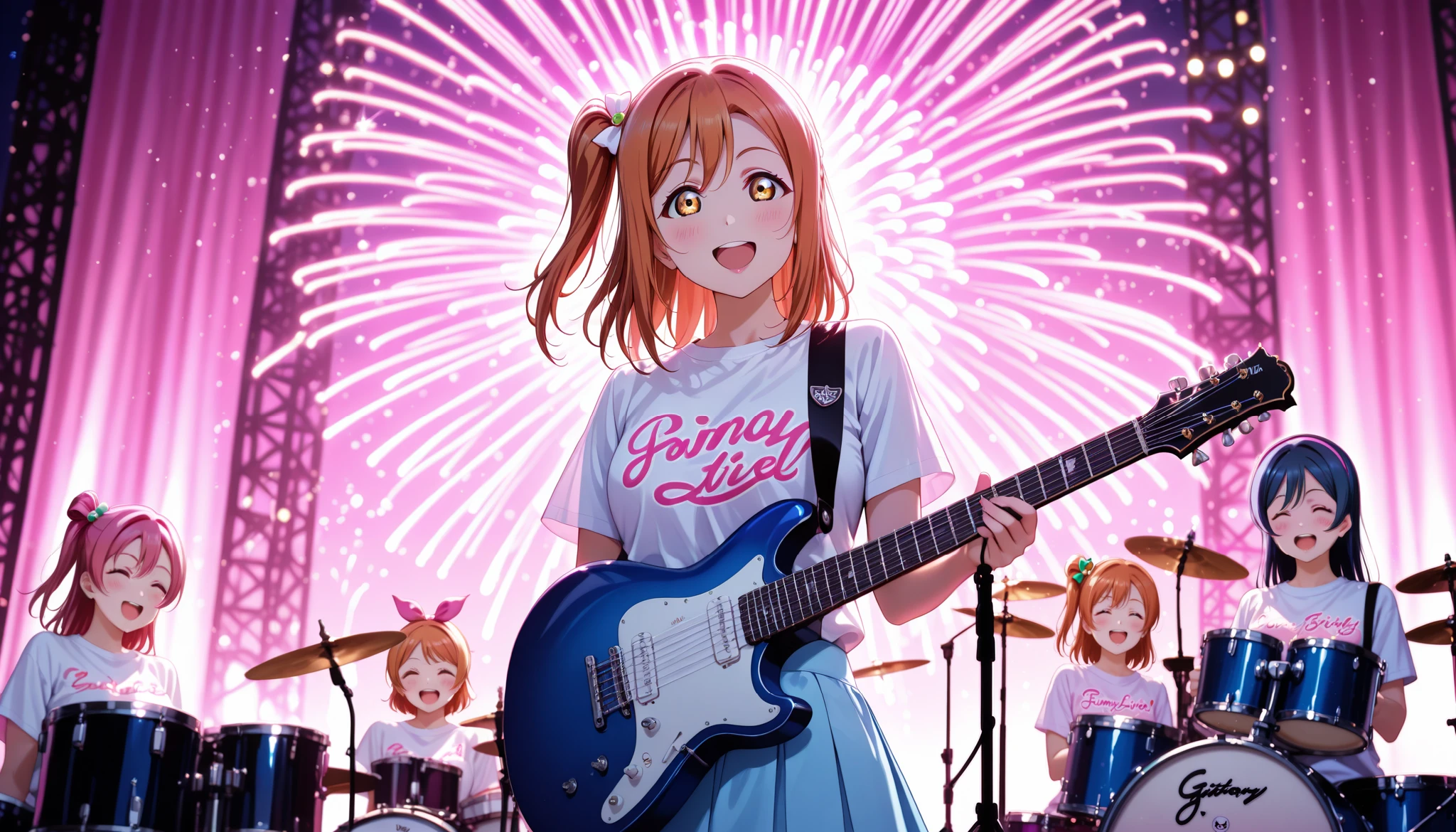 several girls, Honoka Kousaka , Kotori Minami , Umi Sonoda, love live!, anime female band, , pop concert, pink, glittery, kawaii, Energetic performance, funny expressions , Stage fireworks, bright sticks , electric guitar, drum set , bright lighting, , Music festival, cinematic lighting, Masterpiece, best quality, amazing quality, quality awa, ultra detail , agreement, complex details , very aesthetic, newest