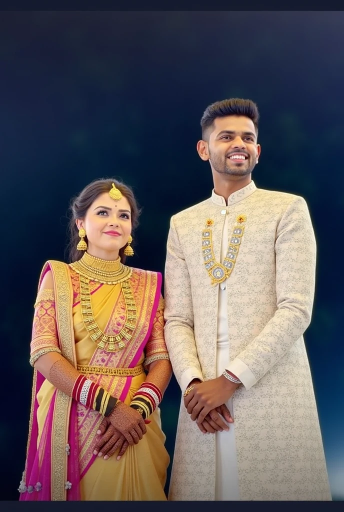 bride and groom in traditional indian attire posing for a picture, * colour splash *, lovely couple, shot on nikon z9, photo taken with nikon d 7 5 0, photo taken with nikon d750, vinayak, 🤬 🤮 💕 🎀, couple, wedding photo, happy couple, taken with canon 5d mk4, celebrating an illegal marriage, exclusive
