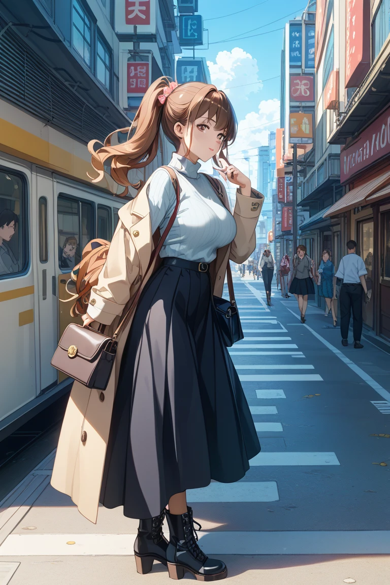 Makima alone、Bustling street、red blush、お漏らし、Touching the crotch、white  shirt、Black pantsuit、Black tie、Red hair braid、