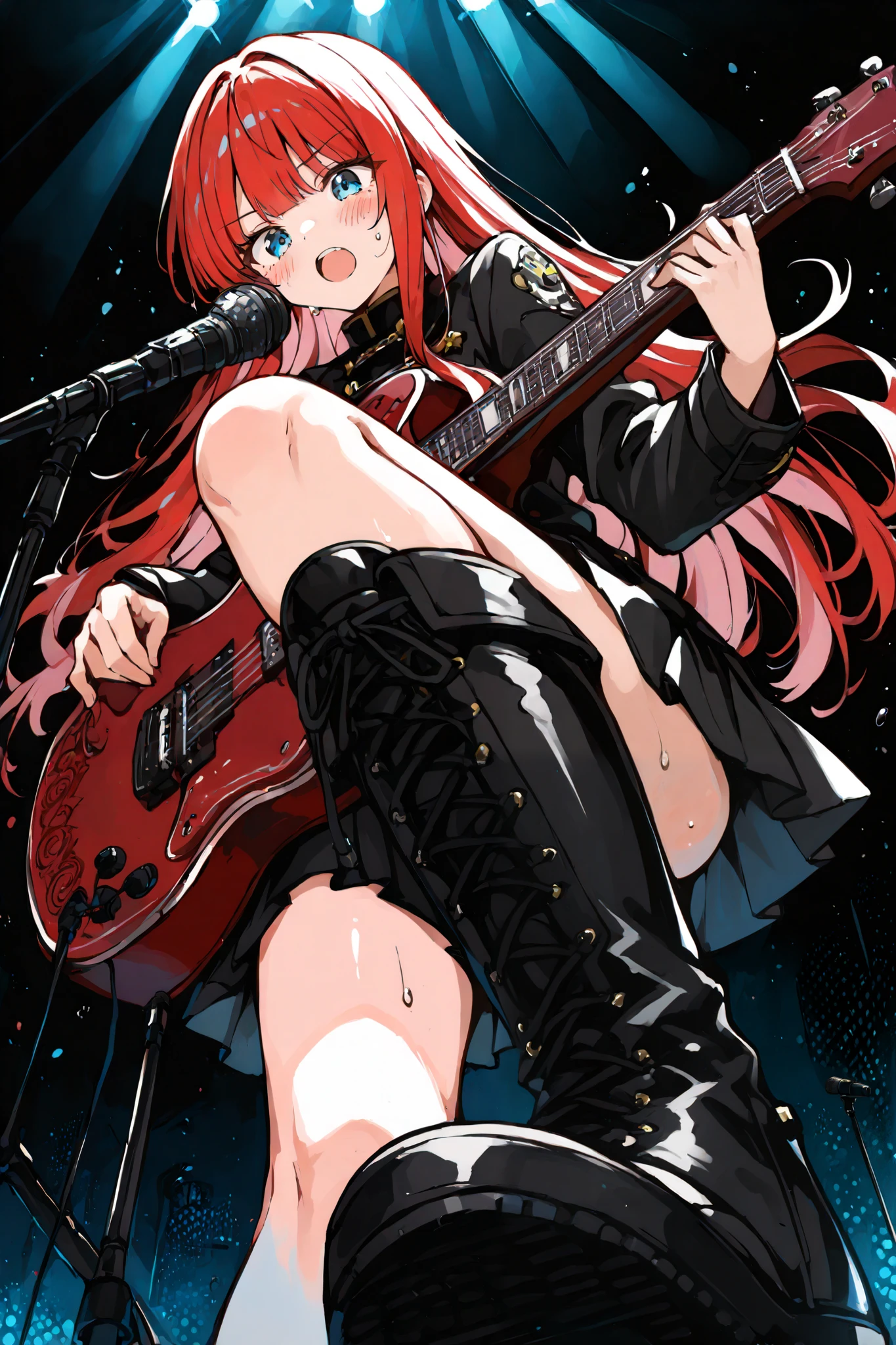 (masterpiece, detailed:1.2),, foot focus,very beautiful, Boots on amps. high definition, latest,heroine , 2024,  band_( music),1 girls,  concert, from below, high definition, latest, high definition, 8k, high-detail RAW color art,viewers, microphone_stand, guitar, holding guitar, break, long hair, red hair,  Singing , break,  , blue eyes, break, heroine, One knee up.engraved,748cmstyle, Black skirt.,Soles of boots. .A blush. Sweat.XUER guangying