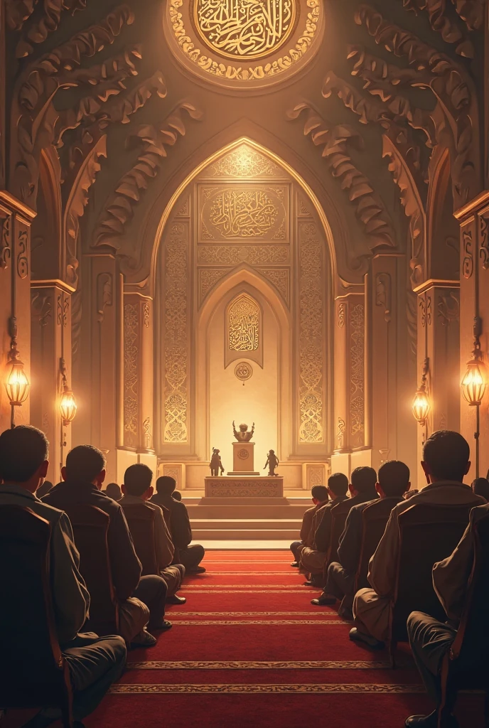 A sacred, serene Gurdwara interior with the Guru Granth Sahib placed on a beautifully decorated Palki Sahib. The room is filled with soft, warm light filtering through stained glass windows. Devotees sit respectfully on the floor, hands folded in prayer. The walls are adorned with traditional Sikh symbols and patterns, and a sense of peace and reverence pervades the atmosphere. The floor is covered with a clean, colorful carpet, and there are flower garlands and candles adding to the spiritual ambiance