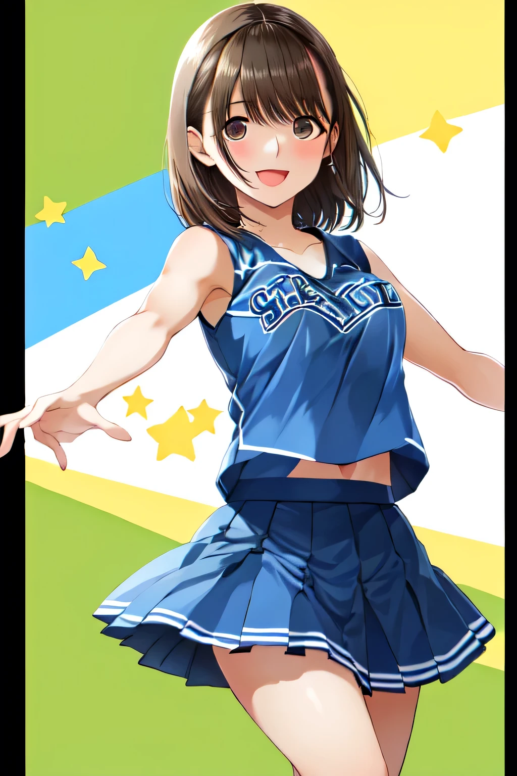 semirealistic, pov, cowboy shoot, 1girl, anene, short hair, breast, navel, (pleated skirt, sports shoes, sleeveless, black footwear, blue skirt, sleeveless shirt, white socks, cheerleader), underskirt coat, Dynamic Range:1.2, cheering with infectious enthusiasm, her radiant smile, sparkling eyes brim with excitement, Pom-poms dance in rhythm, energetic movements, her laughter rings out like sunshine, filling the air with joy, (extremely detailed, masterpiece, high resolution, absurdres,4K)