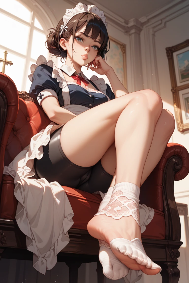 A beautiful detailed portrait of a young girl with a french bob hairstyle, short hair, and wearing stylish e-girl clothes in a cozy room at night. She is sitting alone on her bed, blushing and looking at the camera with a playful, gamer girl expression. The image is masterfully composed with cinematic lighting, ambient occlusion, and extremely high resolution up to 8K, resulting in a soft, smooth, and highly detailed anime-styled portrait with perfect facial features. The overall tone is very sexy and alluring, with a random low angle view accentuating her figure, with sexy clouth. In the Sexy Feet (sitting) pose