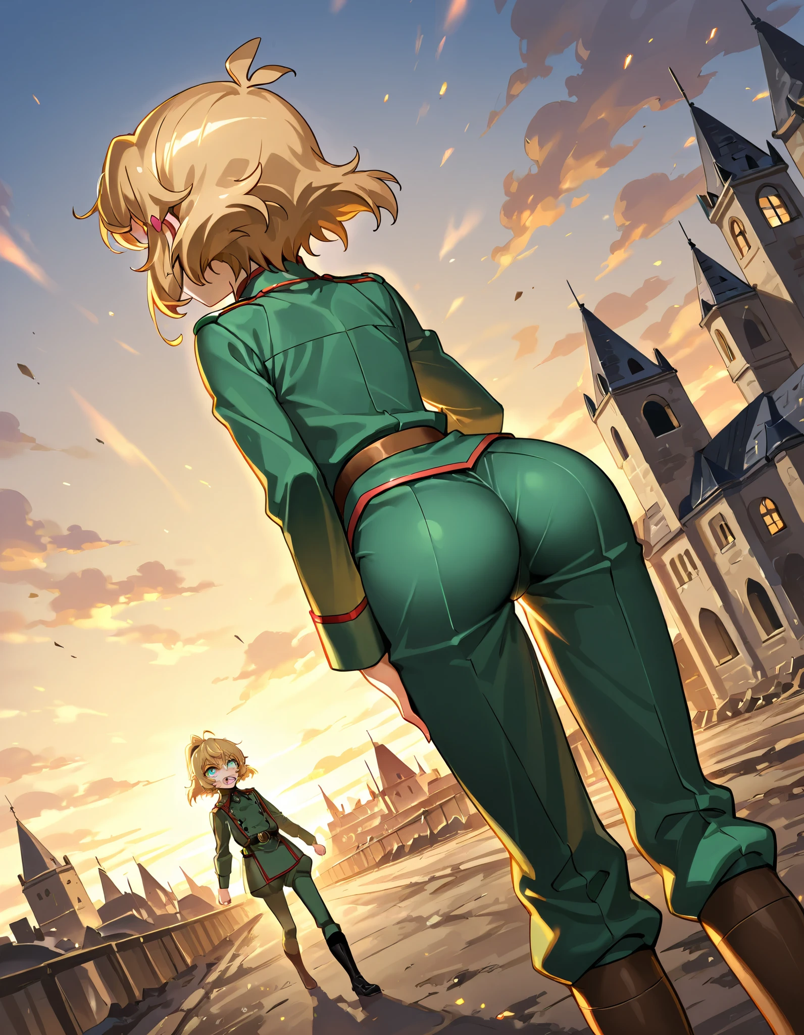 two girls、(The Saga of Tanya the Evil、 Tanya Von Degurechaff ),(symphogear, tachibana hibiki),battle、battlefield、medieval European cityscape、dynamic angle that pushes your butt up to the sky、dynamic pose