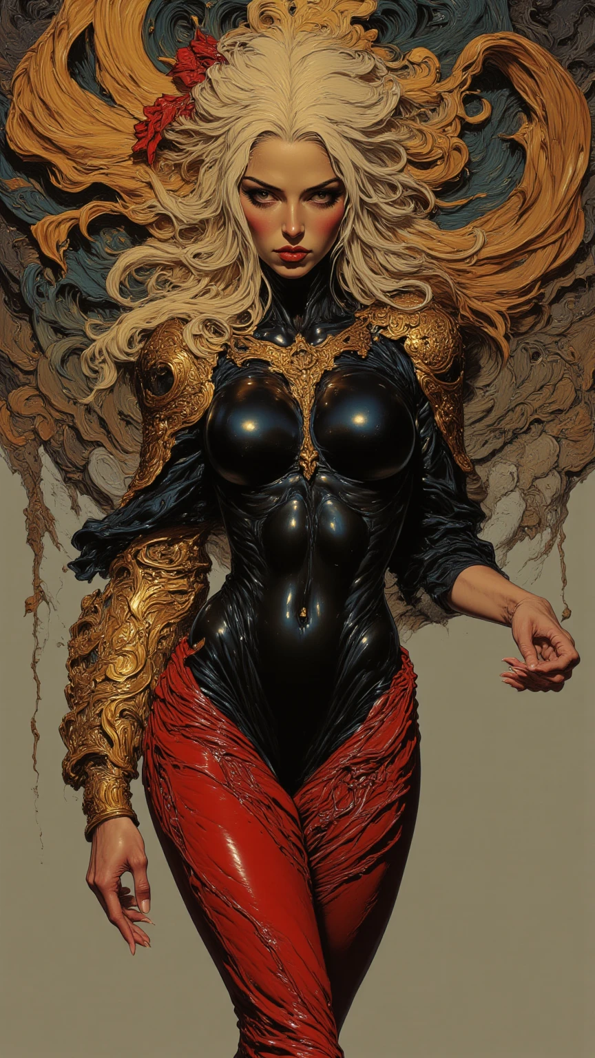 a beautiful illustration of a very muscular vampire girl in an abstract marble texture with a tarot style frame, with colors of obsidian black, shiny gold, and ruby red, highly detailed, intricate design, BY Anne Bachelier,
