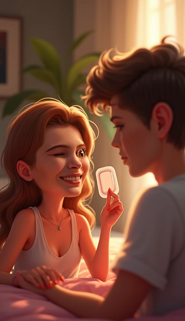 Beautiful young couple, man flossing his girlfriend's teeth, (ultra realism:1.1), in a lighted bathroom (led light:1.1)