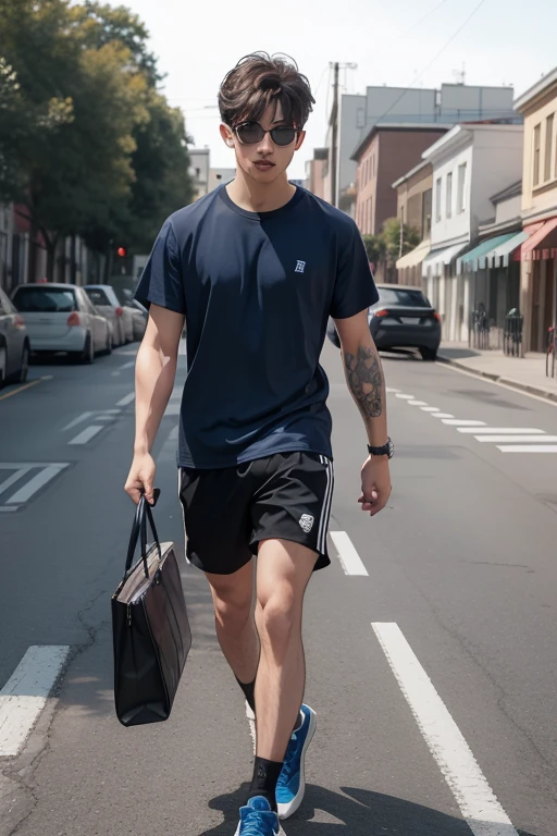 Malay teen boy (fattah amin:1.2) age 23 years old wearing smart casual outfit standing in the busy street, skinny boy, short, handsome, small muscle, dark skin, detail skin texture, realistic skin, white sneakers,