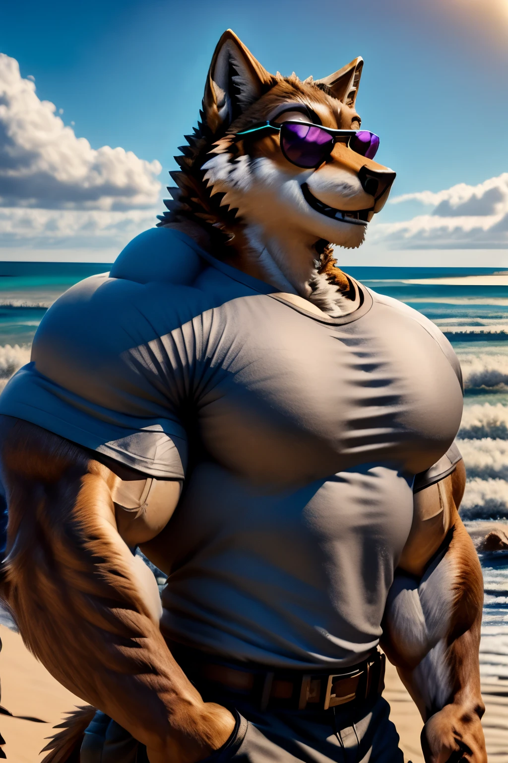 A wolf with sunglasses in a gray shirt standing on a beach next to the ocean, chris pratt, chris pratt ancient corsican, mid-shot of a hunky, background, in a scenic background, handsome man, shot from movie, muscular character, tv series, movie promotional image, big muscles, handsome male