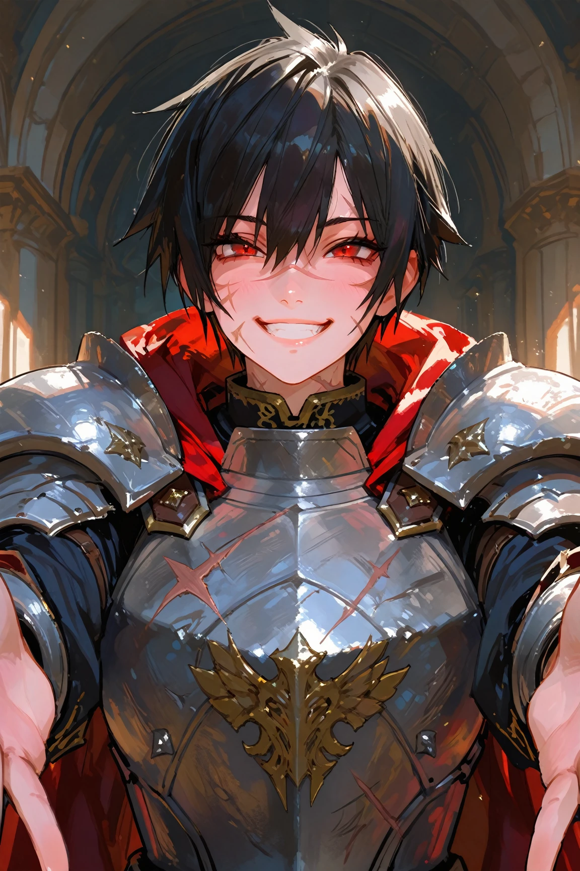 Tomboy, female, happy smile, Arms outstretched, armor, chivalry, blushed, Black hair, scar, red eyes, sharp facial features, detailed shading, high quality, ultra detailed, best quality, masterpiece
