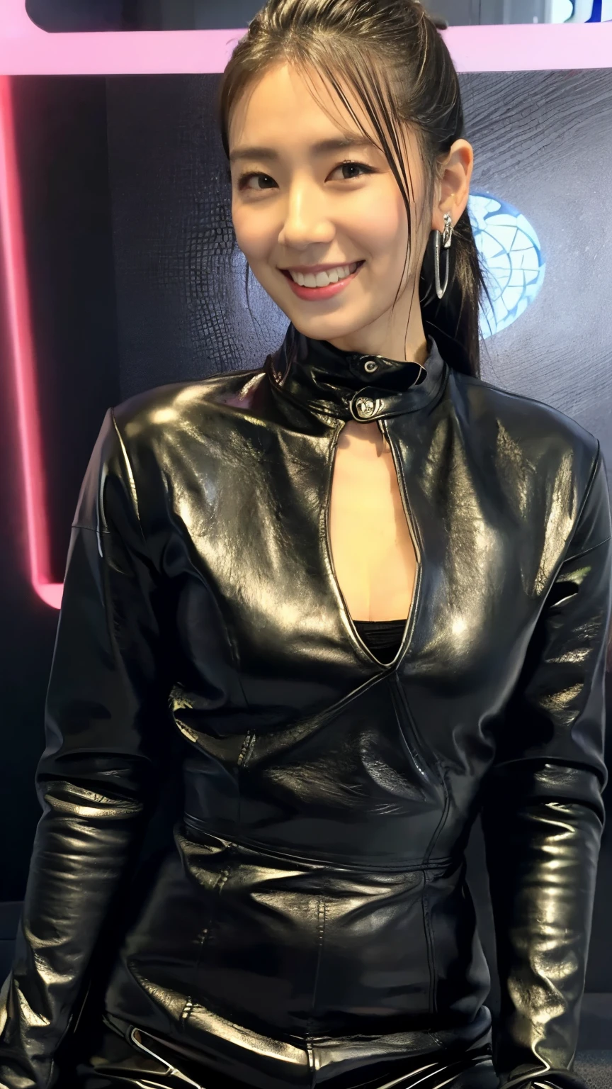 Photograph up to the knees Shiny red leather jumper with nipples visible Shiny red leather miniskirt with panties visible One dynamic girl alone Short hair, nipple showing pose highest quality 8K detailed background Raw photo, standing position, real photo, beautiful face woman, 20 years old, laughing, shining smile: On stage at a fashion show Hands towards the audience Stepping out in front of the audience Beautiful breasts Long eyelashes Beautiful breasts Delicate Highly detailed face Messy black hair Exquisite light and shadow Very dramatic painting Cinematic lens effect,Dynamic poses, good details, good lighting, wide angle, good rendering Her nipples are visible, completely naked with a red leather jacket (((Nipple Slip))) Blur the audience