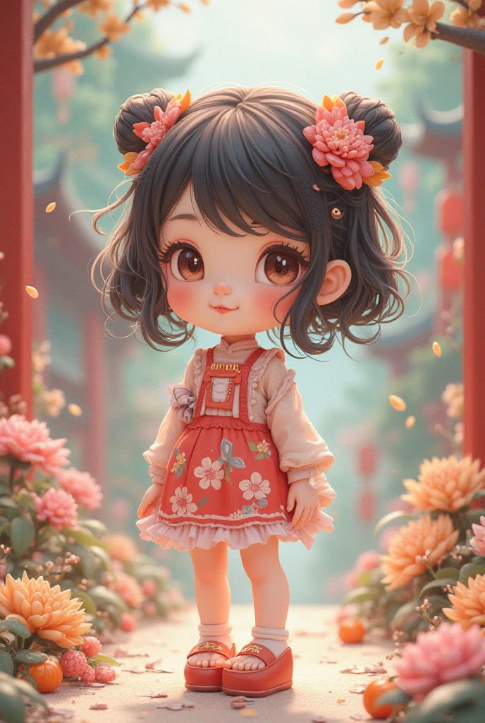 Chibi a  asian boy with a flower in her hair, pixar splash art, ((white skin)), artist used beautiful bright brown eyes, asian boy, mobile game resource, her skin is light, with soft pink colors, rendered in v-ray, lizzo, disney style, chibi proportions, by Ben Enwonwu, behance art