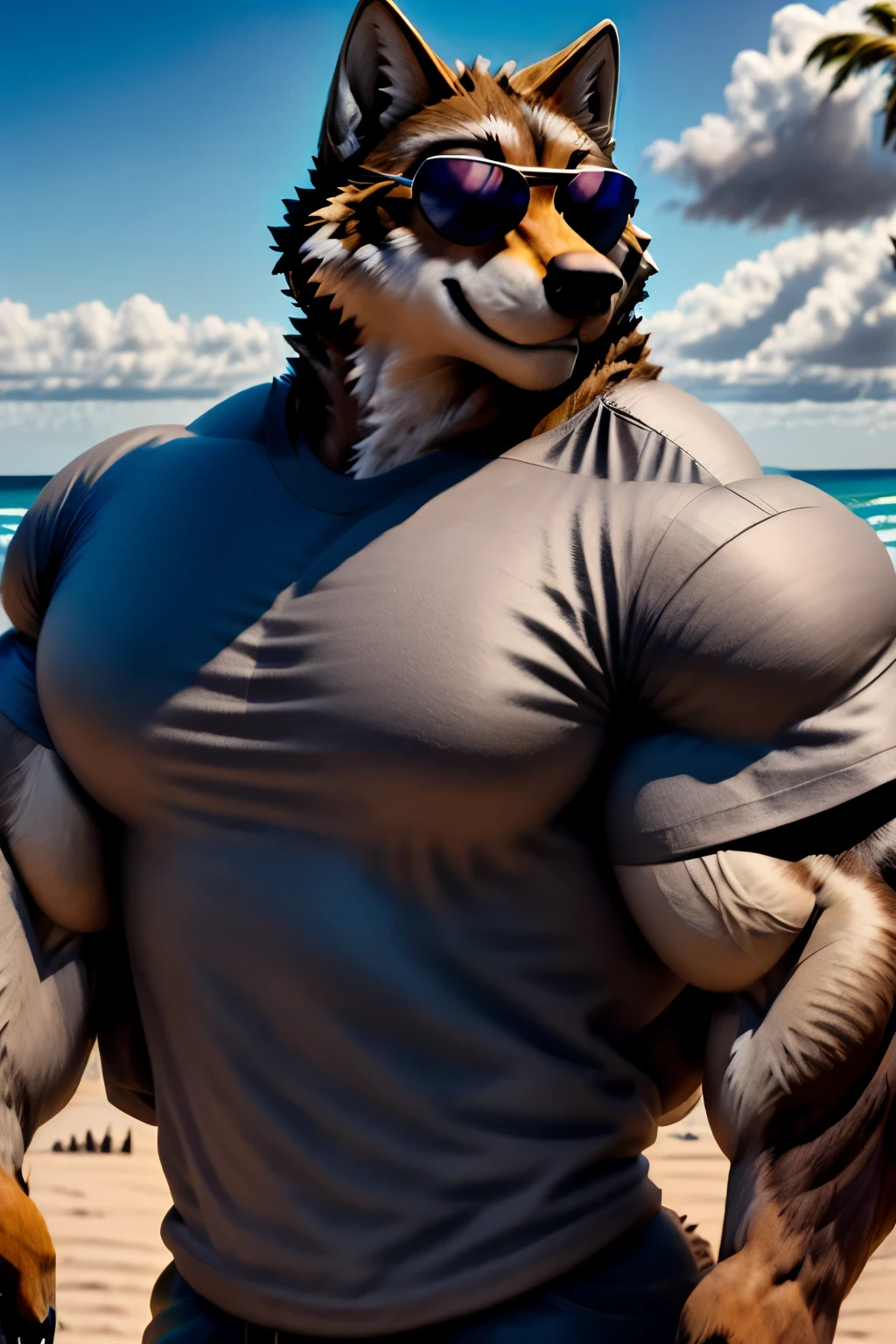 A wolf with sunglasses in a gray shirt standing on a beach next to the ocean, chris pratt, chris pratt ancient corsican, mid-shot of a hunky, background, in a scenic background, handsome man, shot from movie, muscular character, tv series, movie promotional image, big muscles, handsome male