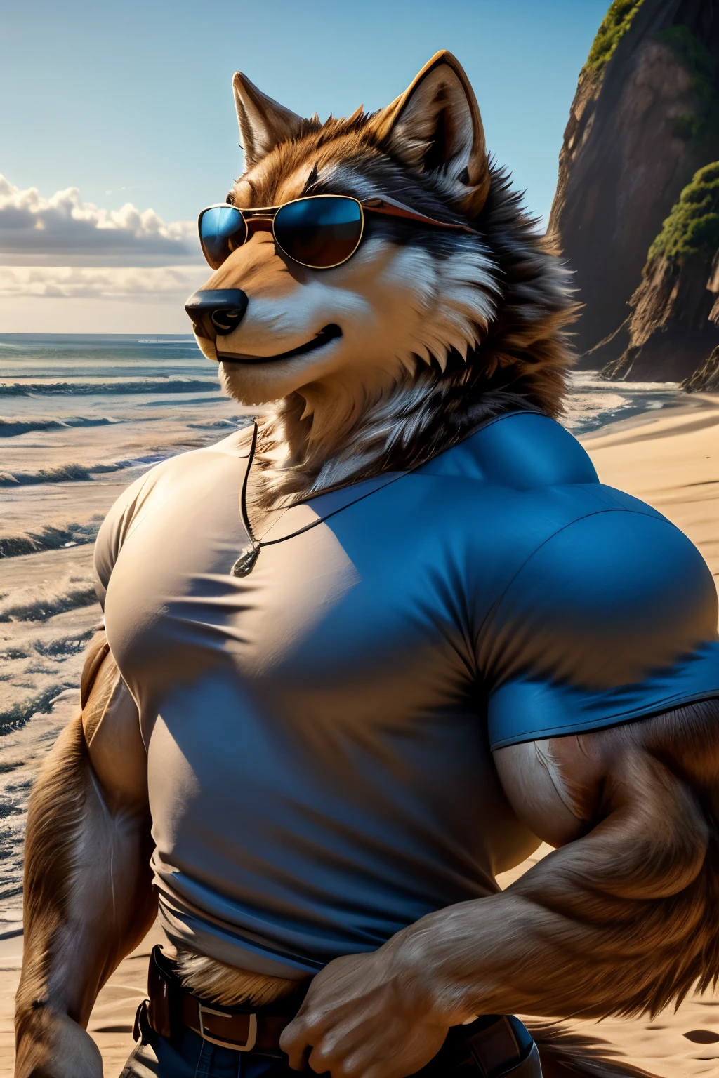 A wolf with sunglasses in a gray shirt standing on a beach next to the ocean, chris pratt, chris pratt ancient corsican, mid-shot of a hunky, background, in a scenic background, handsome man, shot from movie, muscular character, tv series, movie promotional image, big muscles, handsome male