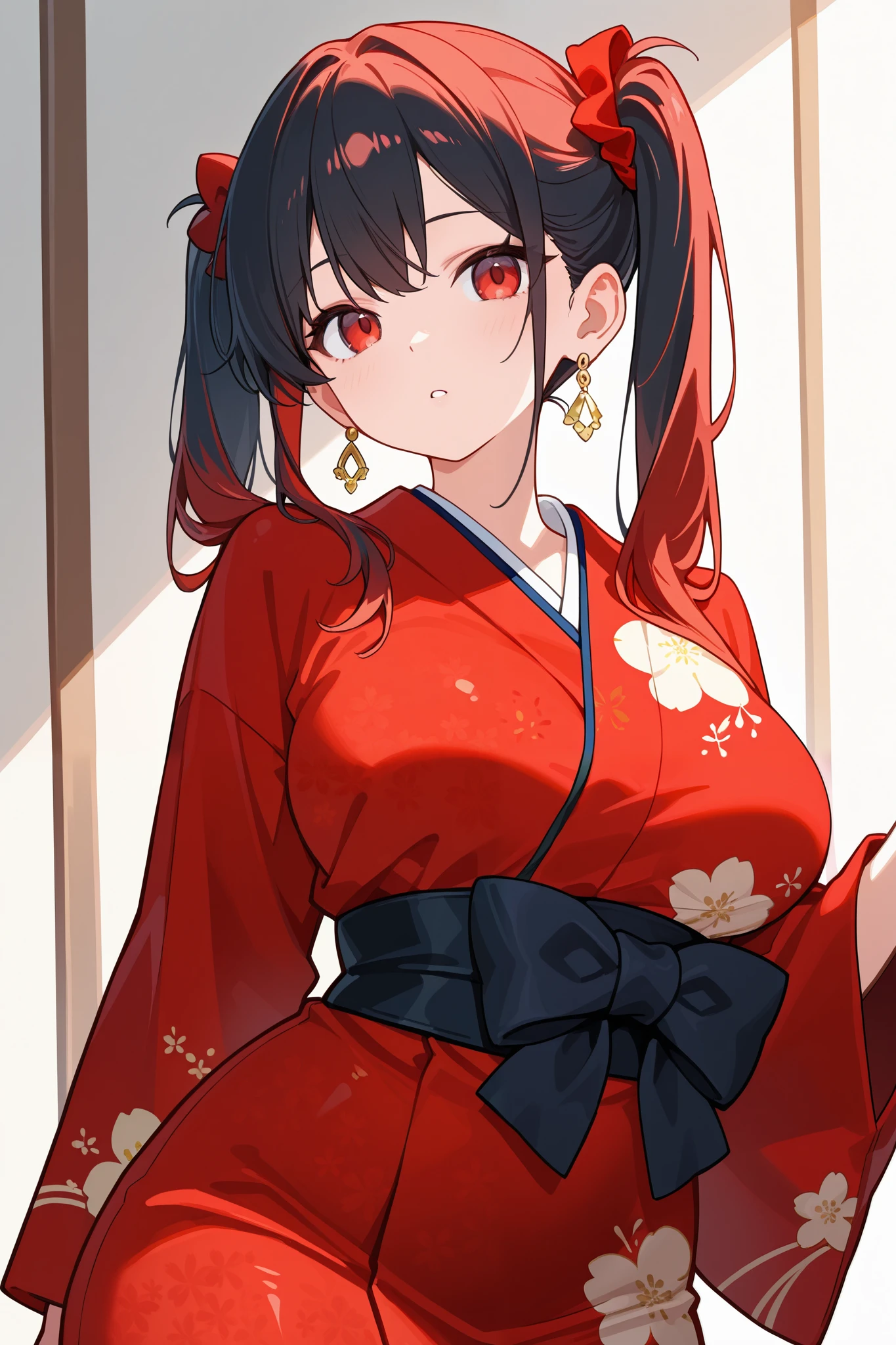 (top-quality: 1.3), (masterpiece: 1.3), 18year old, ［young girl］, large and beautiful breasts, big breasts thin waist, Bright red eyes、1 person( floral pattern yukata, long black hair girl)、countryside in japan, nighttime scene