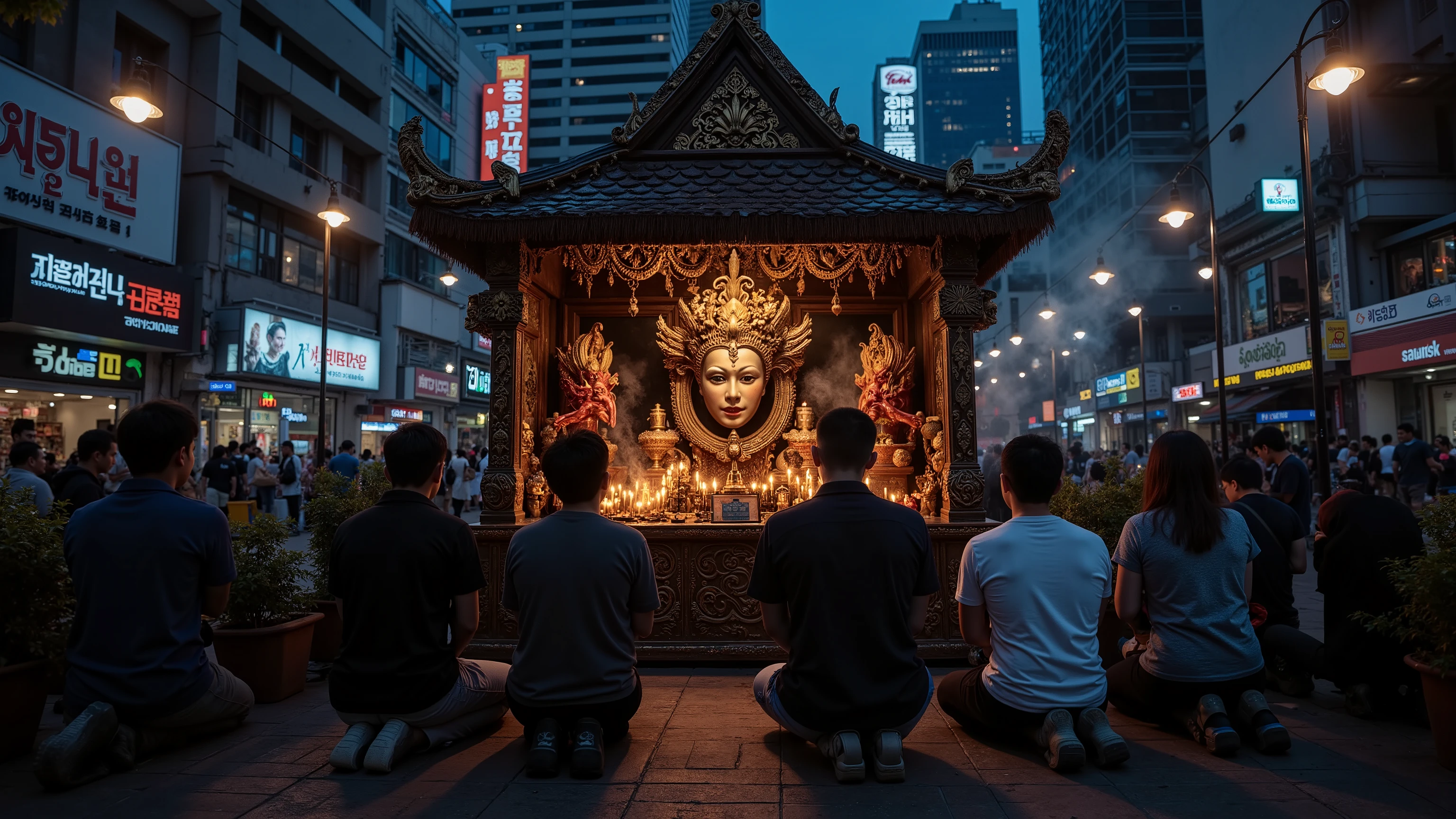 A mystical medium-sized spirit altar with a ghostly mask in the center, located in the heart of Bangkok, Thailand. The altar is surrounded by glowing candles, incense smoke, and small offerings. Several people are kneeling and praying with deep reverence. The bustling cityscape with towering skyscrapers and neon signs contrasts with the eerie and sacred atmosphere of the shrine, creating a surreal urban spiritual scene.